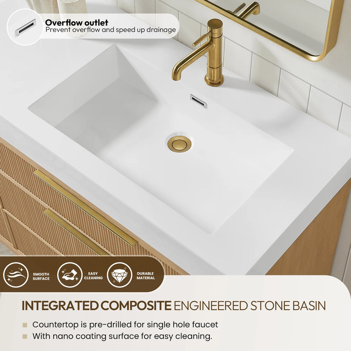 Overflow outlet and pre-drilled faucet hole labeled on the built-in stone sink of the 60-inch vanity