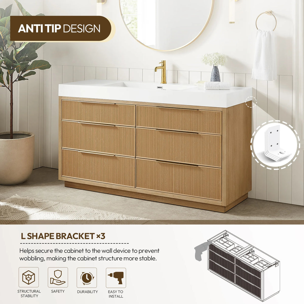 Anti-tip graphic for the 60-inch single vanity, pairing the room view with a sketch of the L-shaped wall brackets