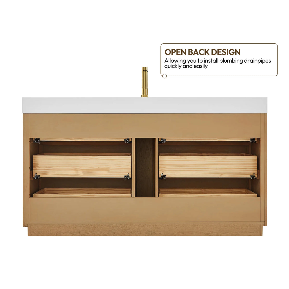 Back-open cabinet view for the 60-inch vanity, with the callout on easy drain installation