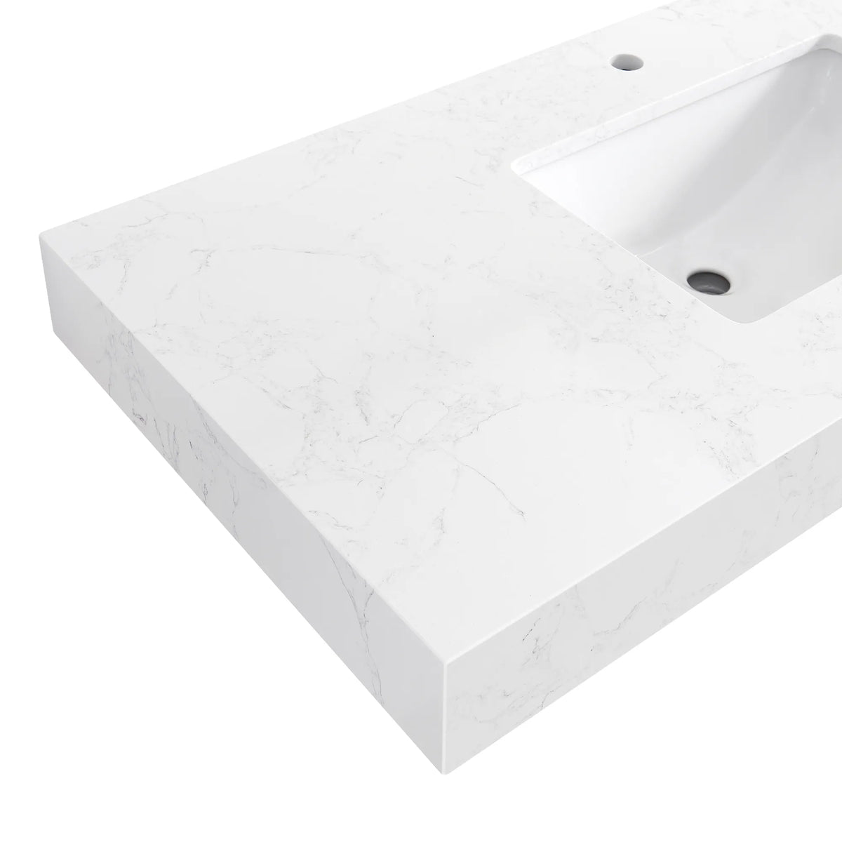 Close view of the Dark Oak vanity's stone top, ceramic undermount basin and pre-drilled faucet hole