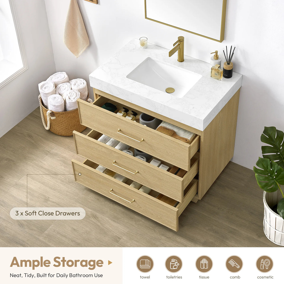 Soft-close drawer feature panel: 36 inch vanity with three drawers pulled out