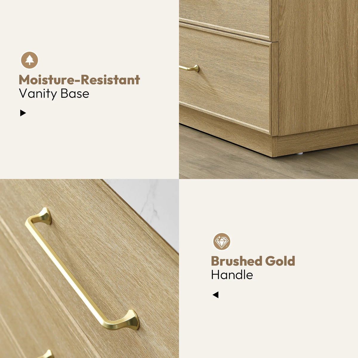 Callout panels on the Dark Oak vanity: the base at floor level and a brushed gold handle on a drawer front
