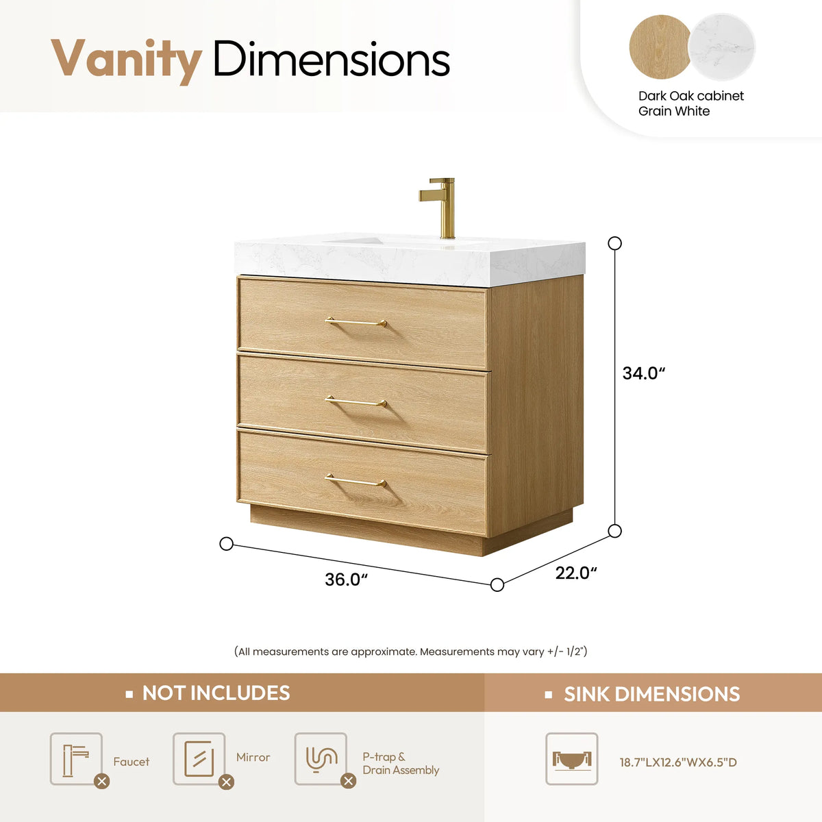 Size diagram for the Dark Oak vanity listing 36.0 by 22.0 by 34.0 inches