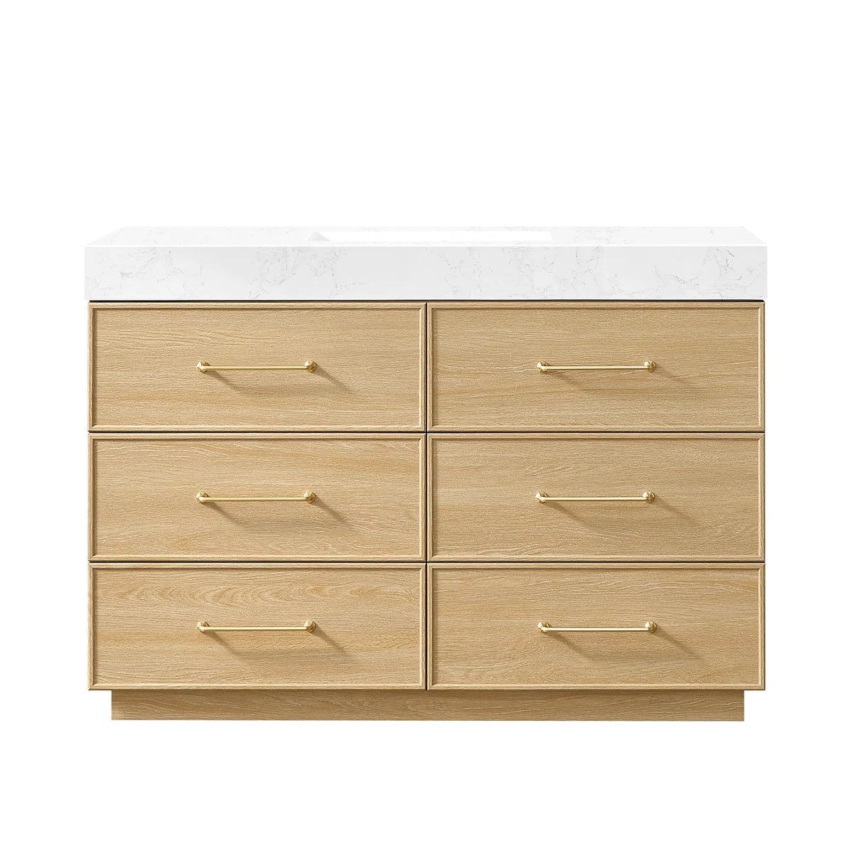 Dark Oak 48 inch single sink bathroom vanity with six drawers, brushed gold handles and a stone top, white background