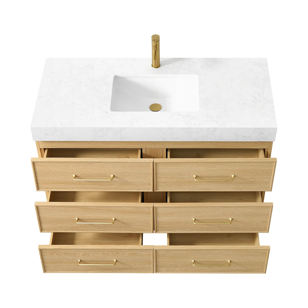 Open drawers on the Dark Oak vanity, seen from above the stone top and the undermount sink