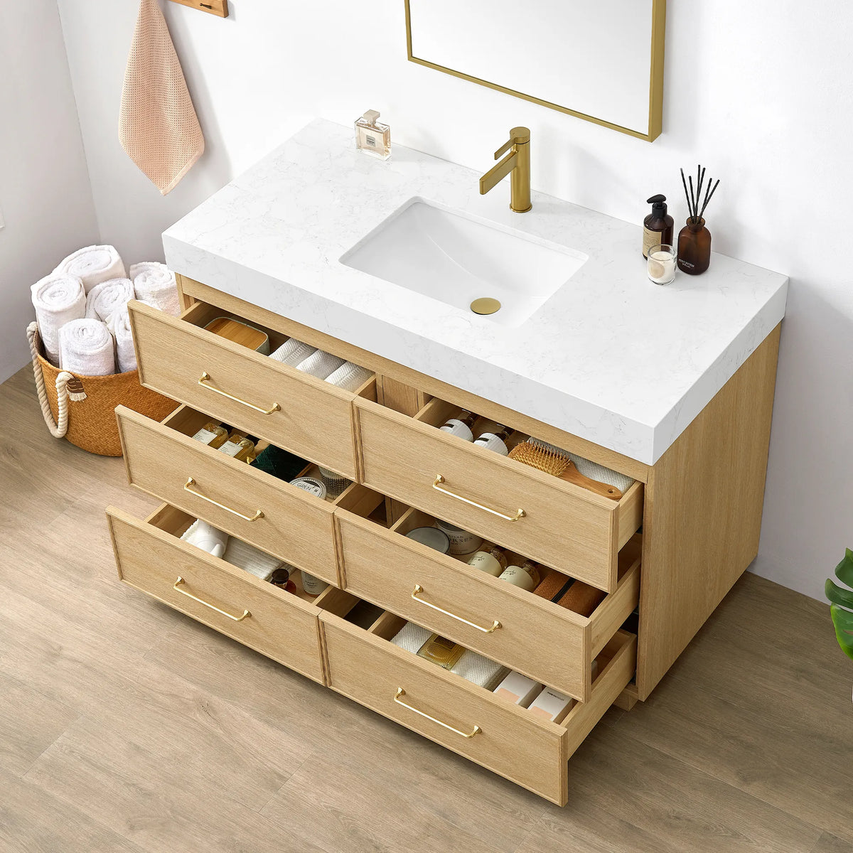 Angled view of the 48 inch vanity with every drawer open to show the interior space