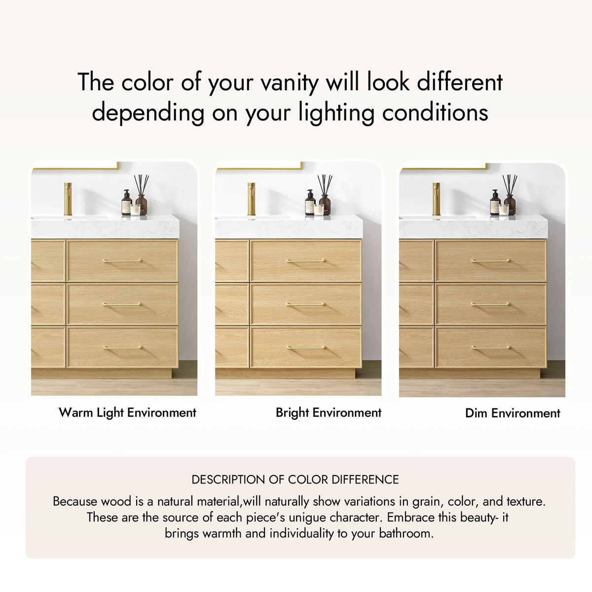 Tip that wood grain and color vary, shown with the Dark Oak vanity in warm, bright and dim light