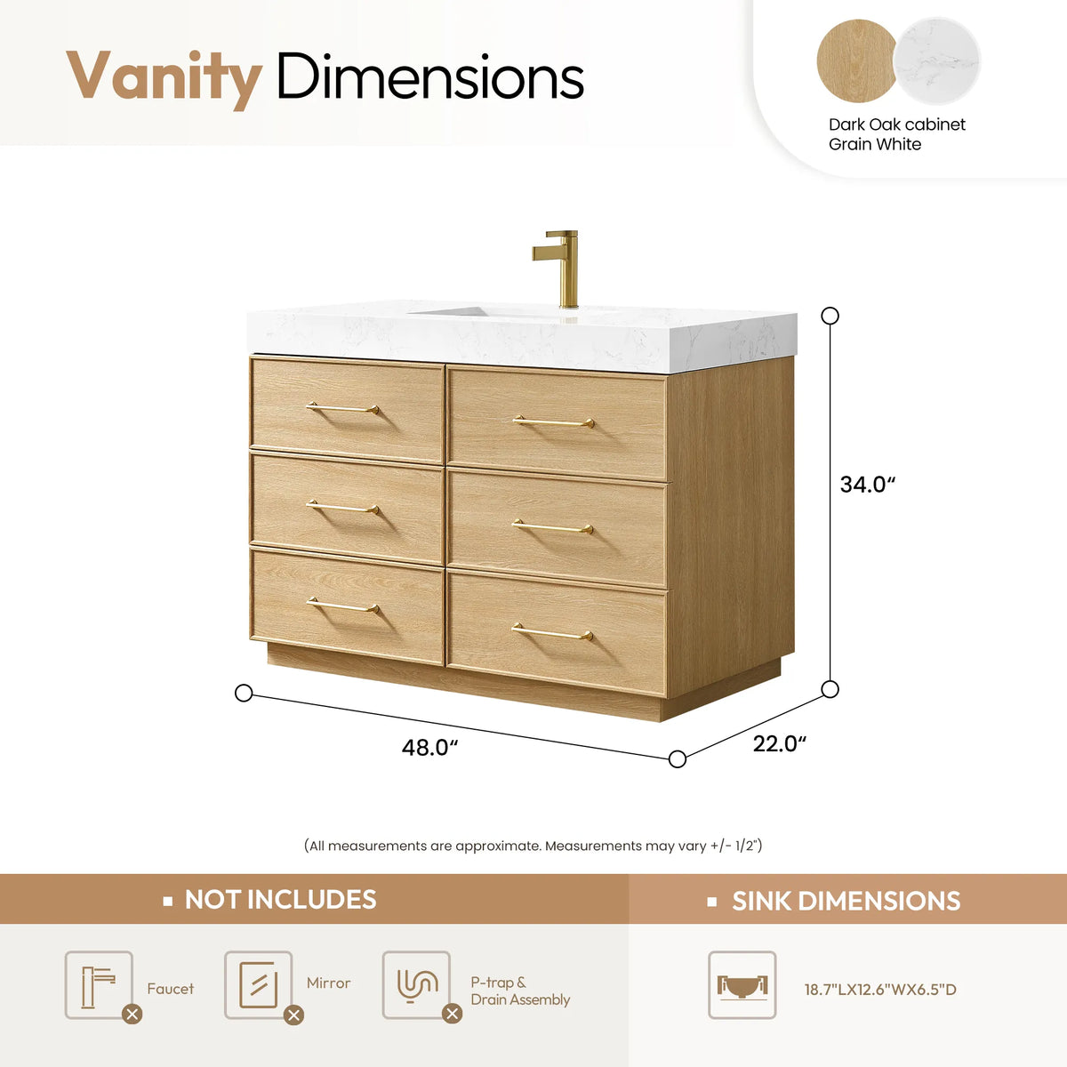 Size diagram for the Dark Oak vanity listing 48.0 by 22.0 by 34.0 inches