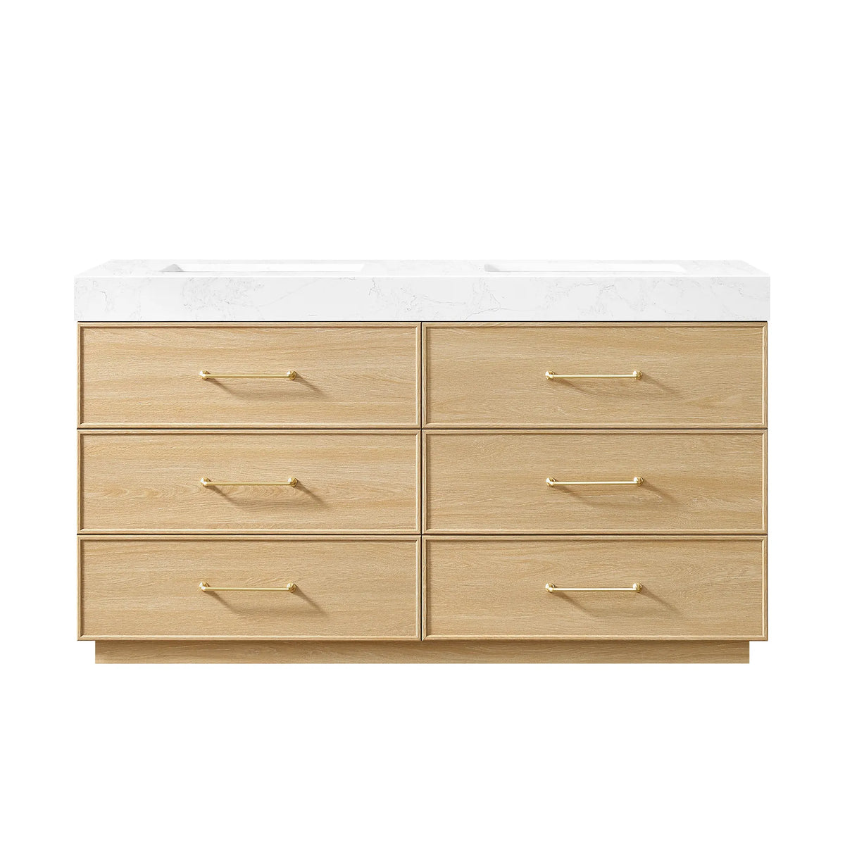 Dark Oak 60 inch double sink bathroom vanity with six drawers, brushed gold handles and a stone top, white background