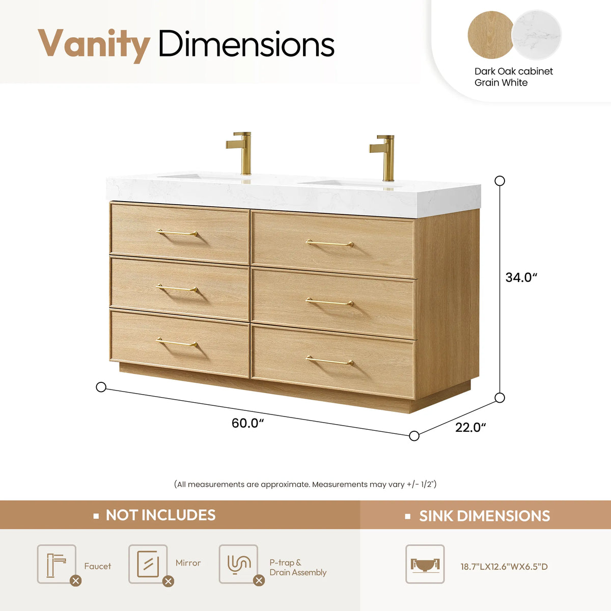 Size diagram for the Dark Oak vanity listing 60.0 by 22.0 by 34.0 inches