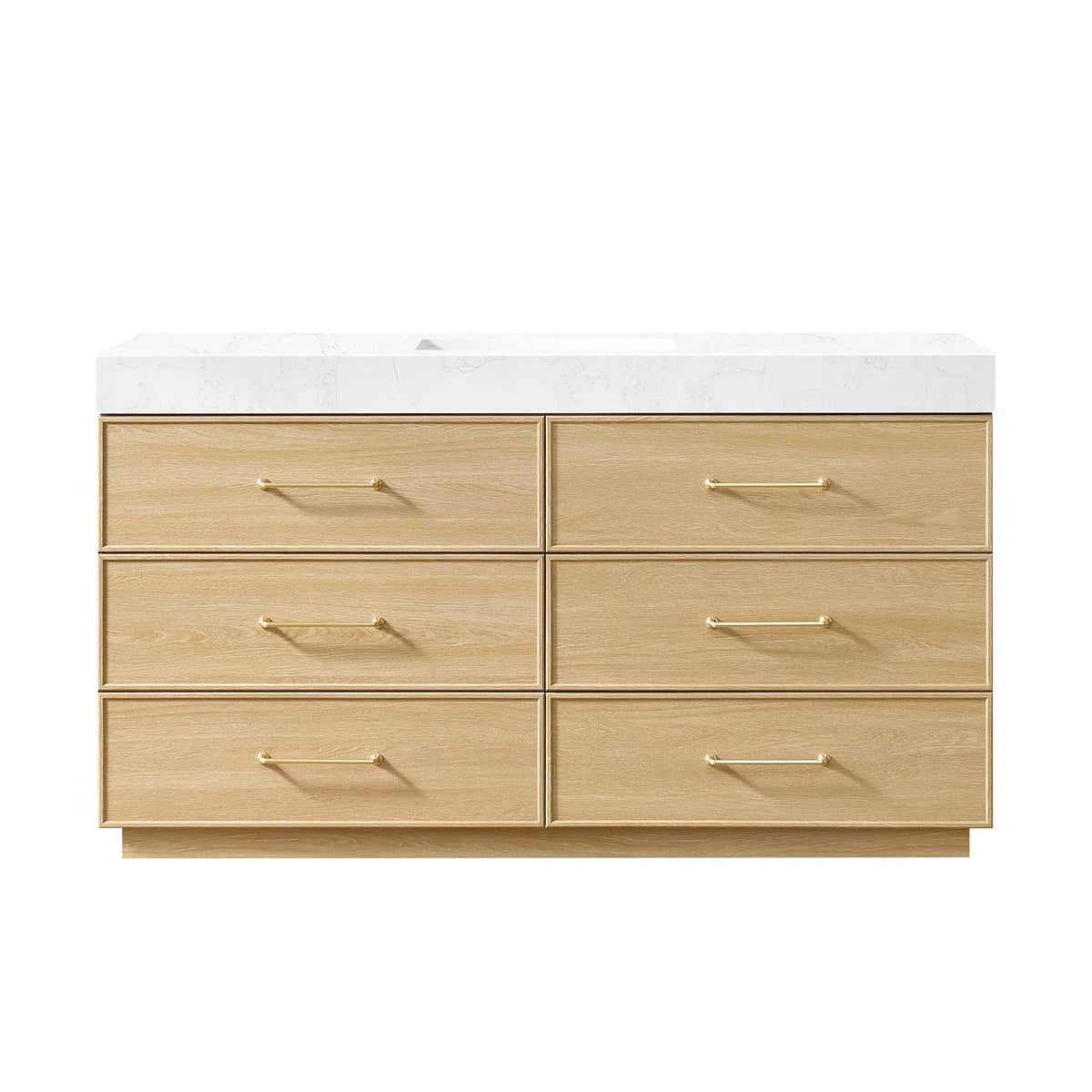 Dark Oak 60 inch single sink bathroom vanity with six drawers, brushed gold handles and a stone top, white background