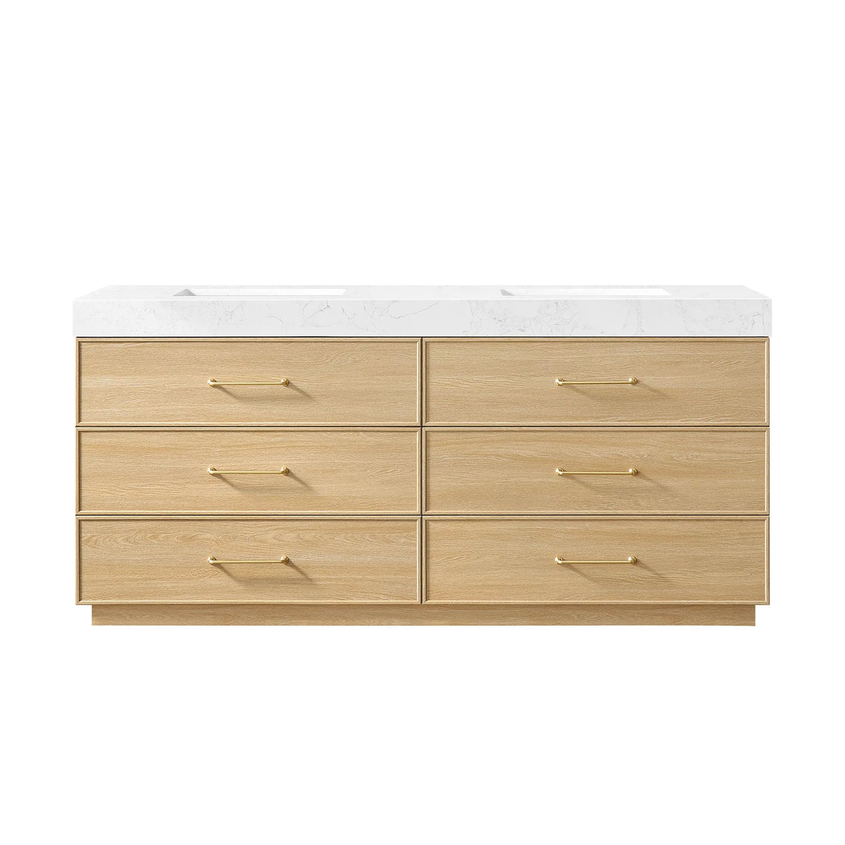 Dark Oak 72 inch double sink bathroom vanity with six drawers, brushed gold handles and a stone top, white background
