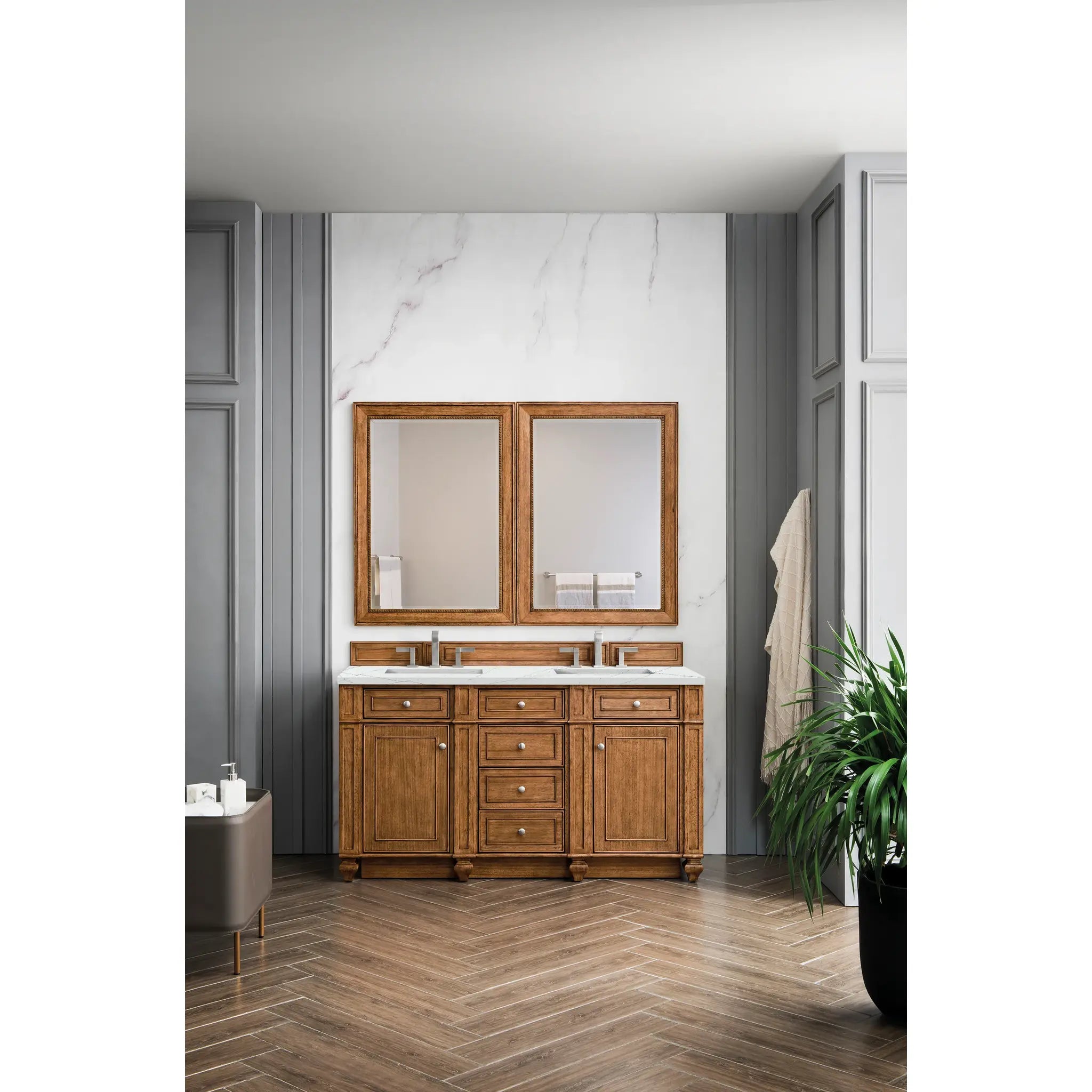 Bristol 60" Double Vanity in Saddle Brown w/FreePower Wireless Charger-Ethereal Noctis Silestone-8" Widespread image 4