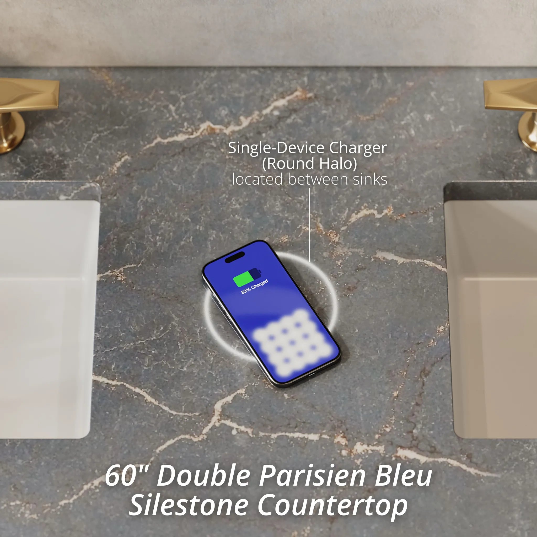 Bristol 60" Double Vanity in Saddle Brown w/FreePower Wireless Charger-Parisien Bleu Silestone-8" Widespread image 2