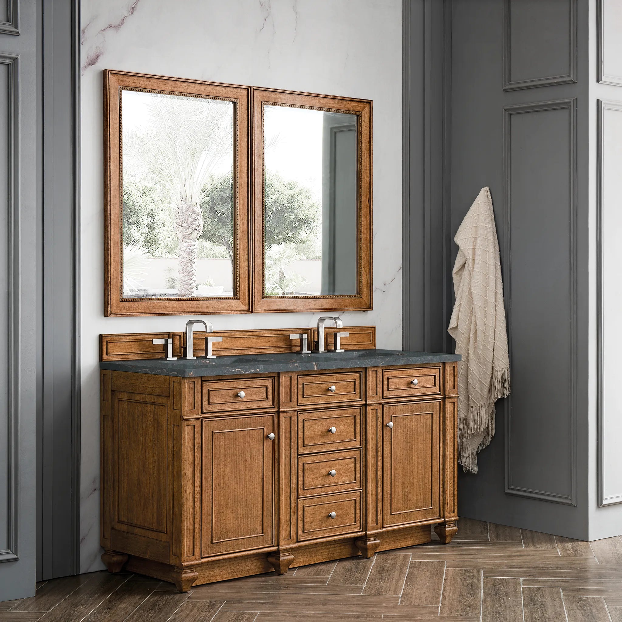 Bristol 60" Double Vanity in Saddle Brown w/FreePower Wireless Charger-Parisien Bleu Silestone-8" Widespread image 5