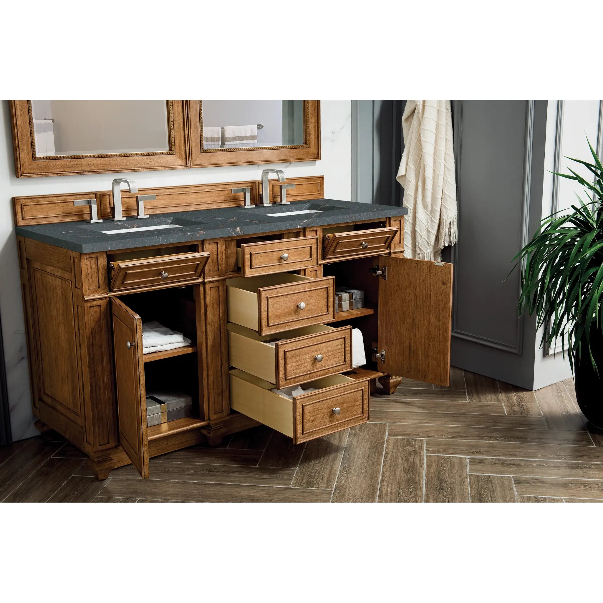Bristol 60" Double Vanity in Saddle Brown w/FreePower Wireless Charger-Parisien Bleu Silestone-8" Widespread image 6