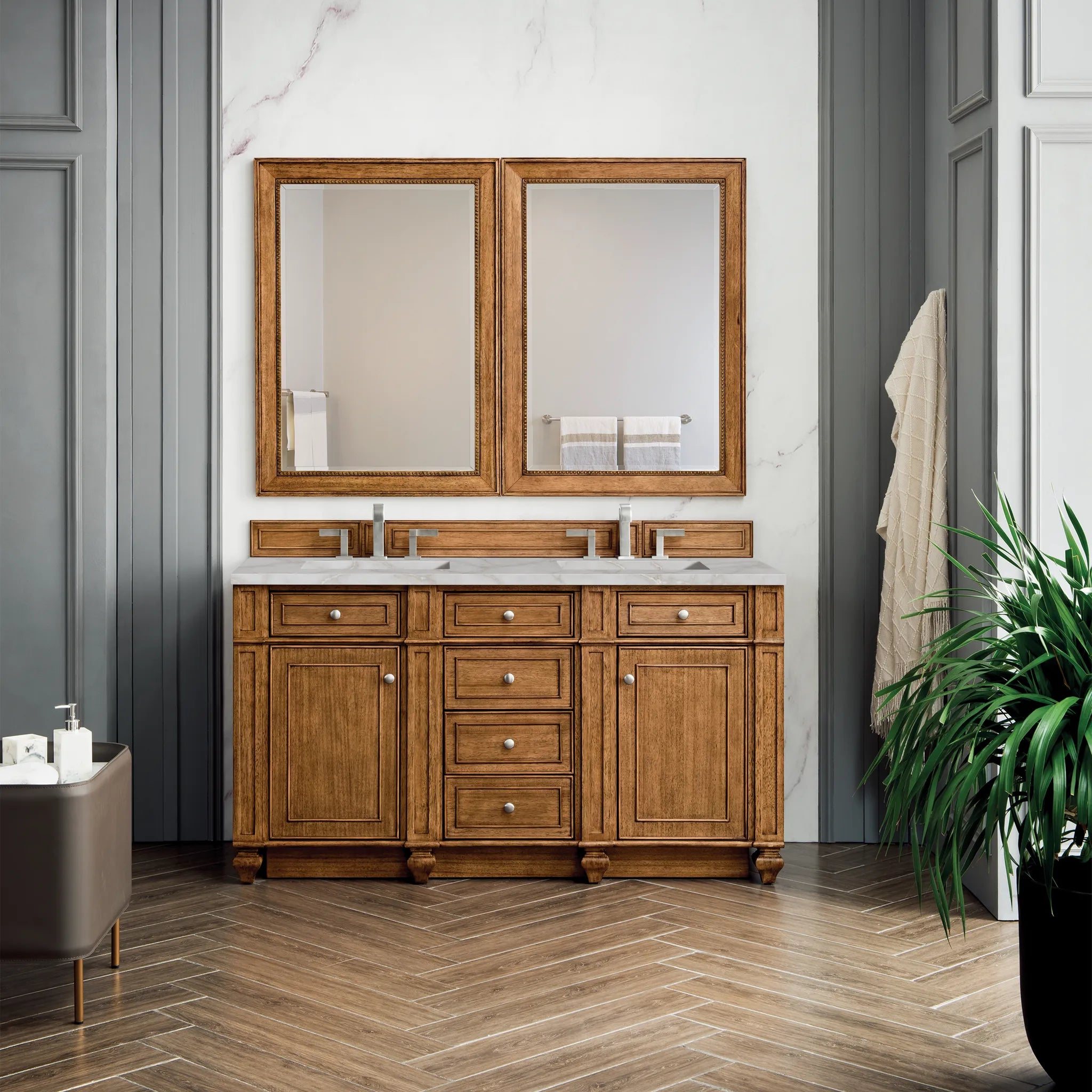 Bristol 60" Double Vanity in Saddle Brown w/FreePower Wireless Charger-Victorian Silver Silestone-8" Widespread image 4