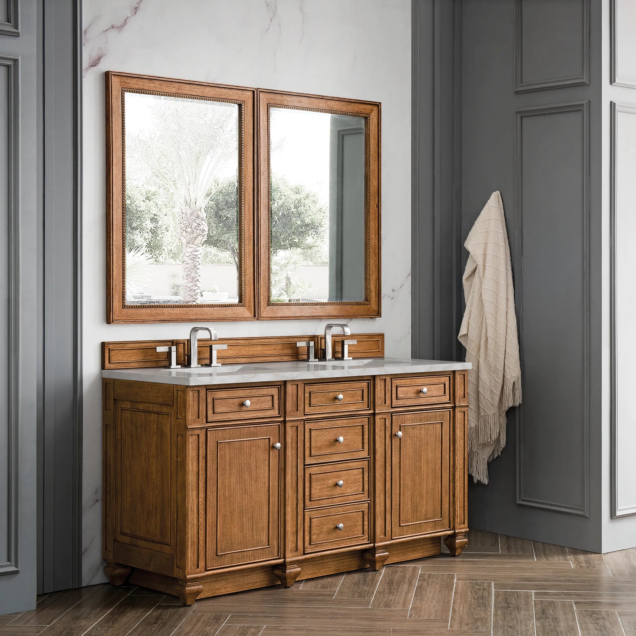 Bristol 60" Double Vanity in Saddle Brown w/FreePower Wireless Charger-Victorian Silver Silestone-8" Widespread image 5