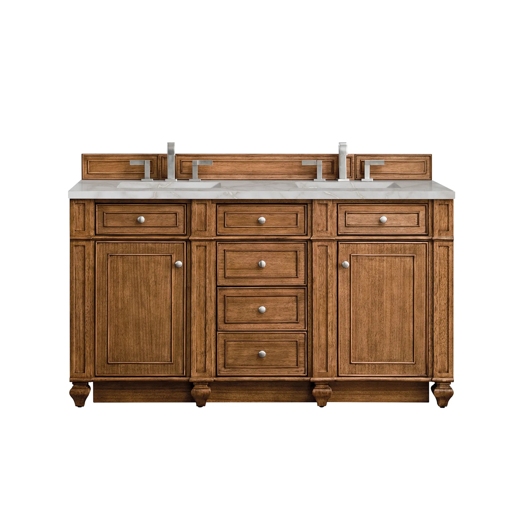 Bristol 60" Double Vanity in Saddle Brown w/FreePower Wireless Charger-Victorian Silver Silestone-8" Widespread image