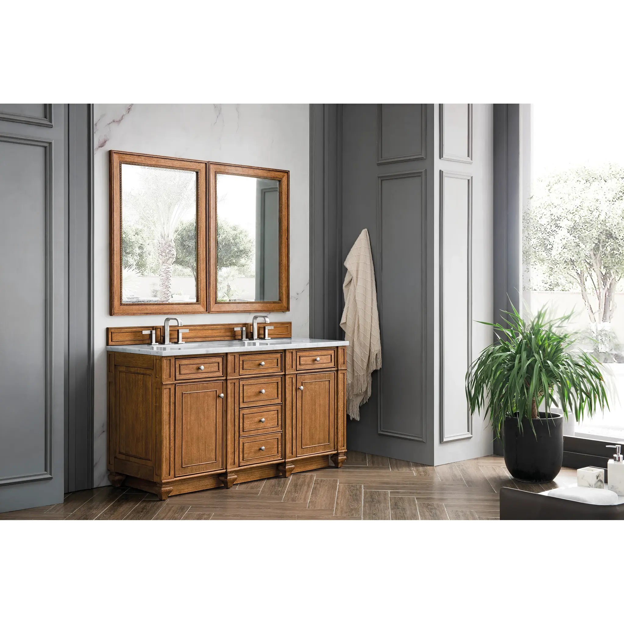 Bristol 60" Double Vanity in Saddle Brown Wireless Charger-Eternal Jasmine Pearl Silestone-8" Widespread image 5