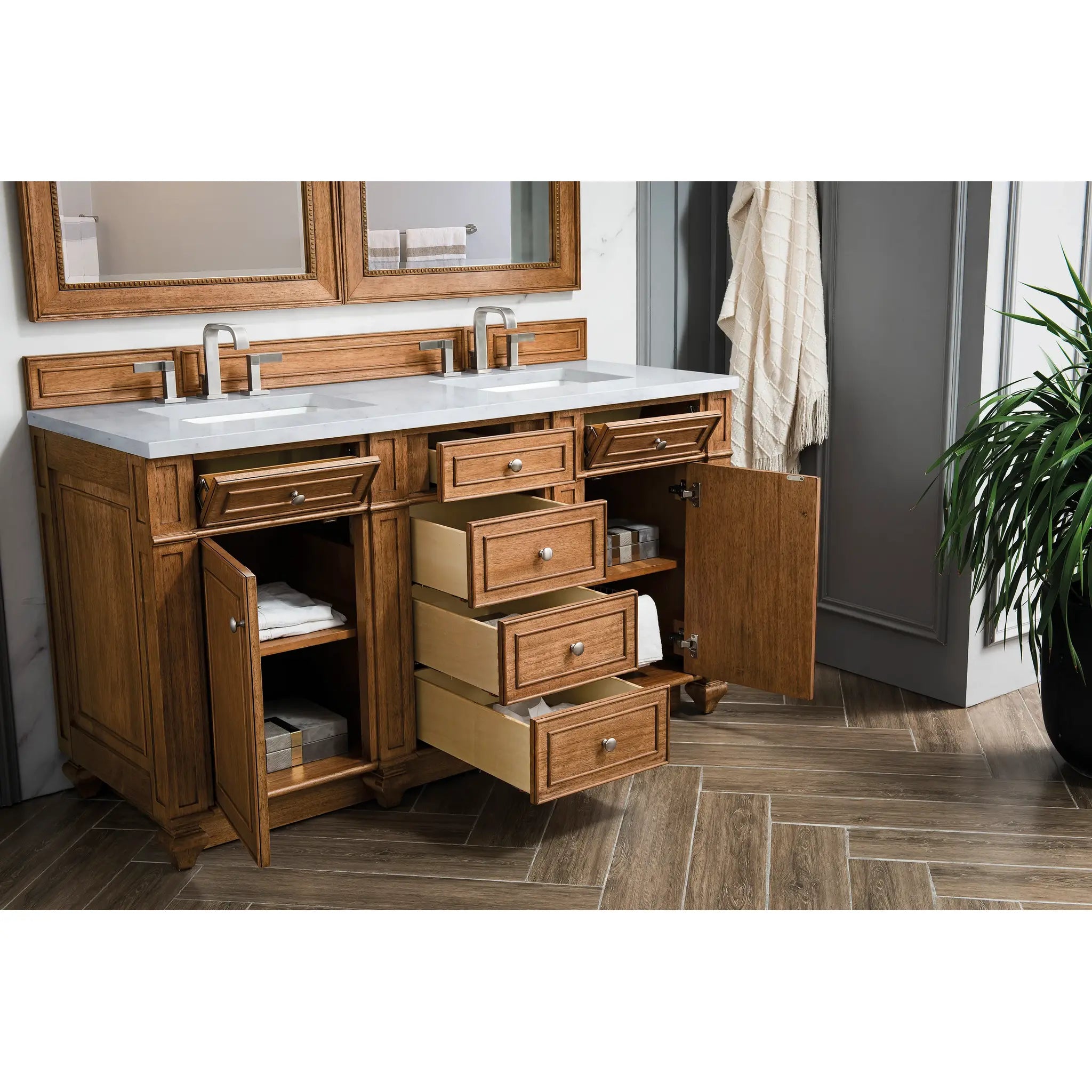 Bristol 60" Double Vanity in Saddle Brown Wireless Charger-Eternal Jasmine Pearl Silestone-8" Widespread image 6