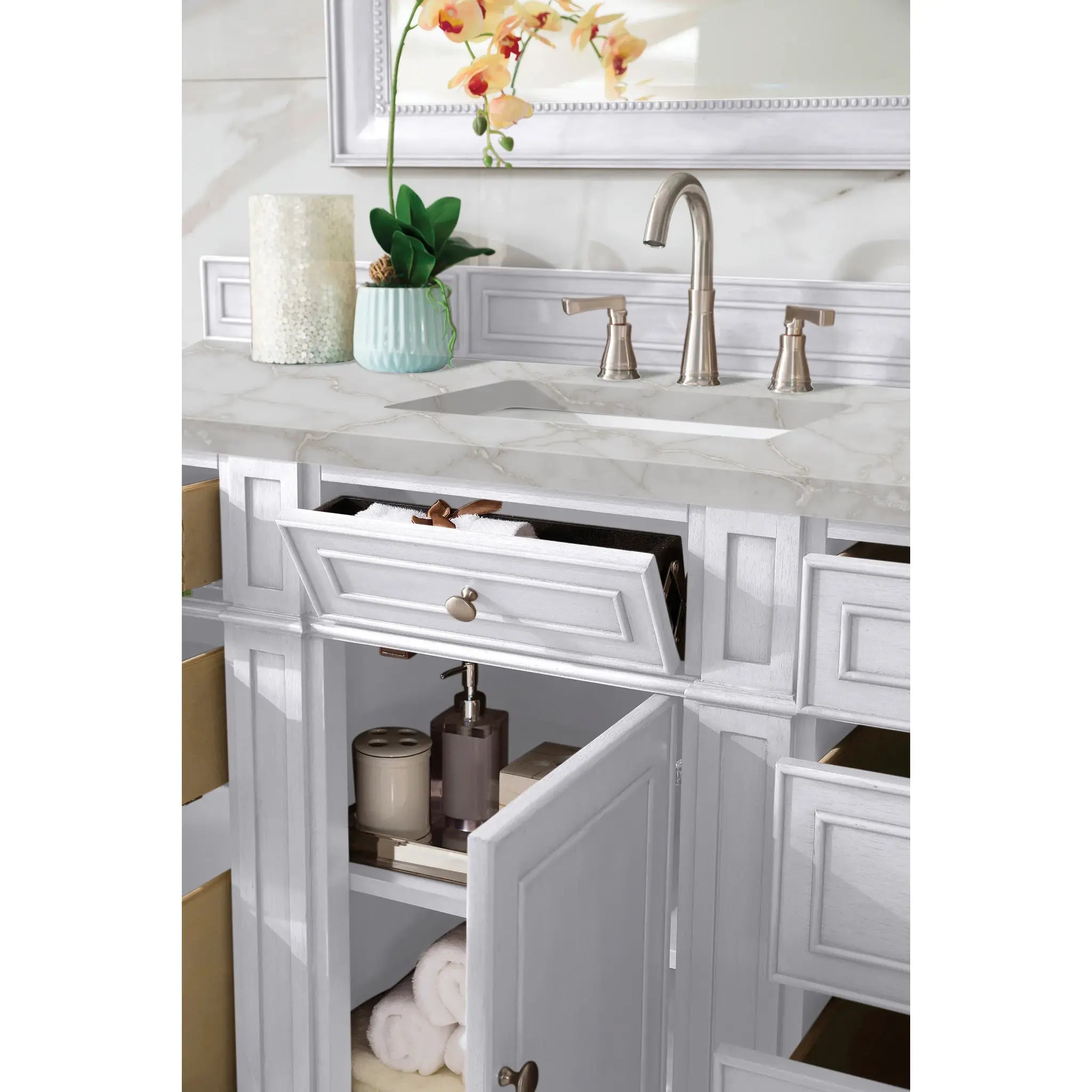Bristol 60" Single Vanity in Bright White w/FreePower Wireless Charger-Victorian Silver Silestone-8" Widespread image 6