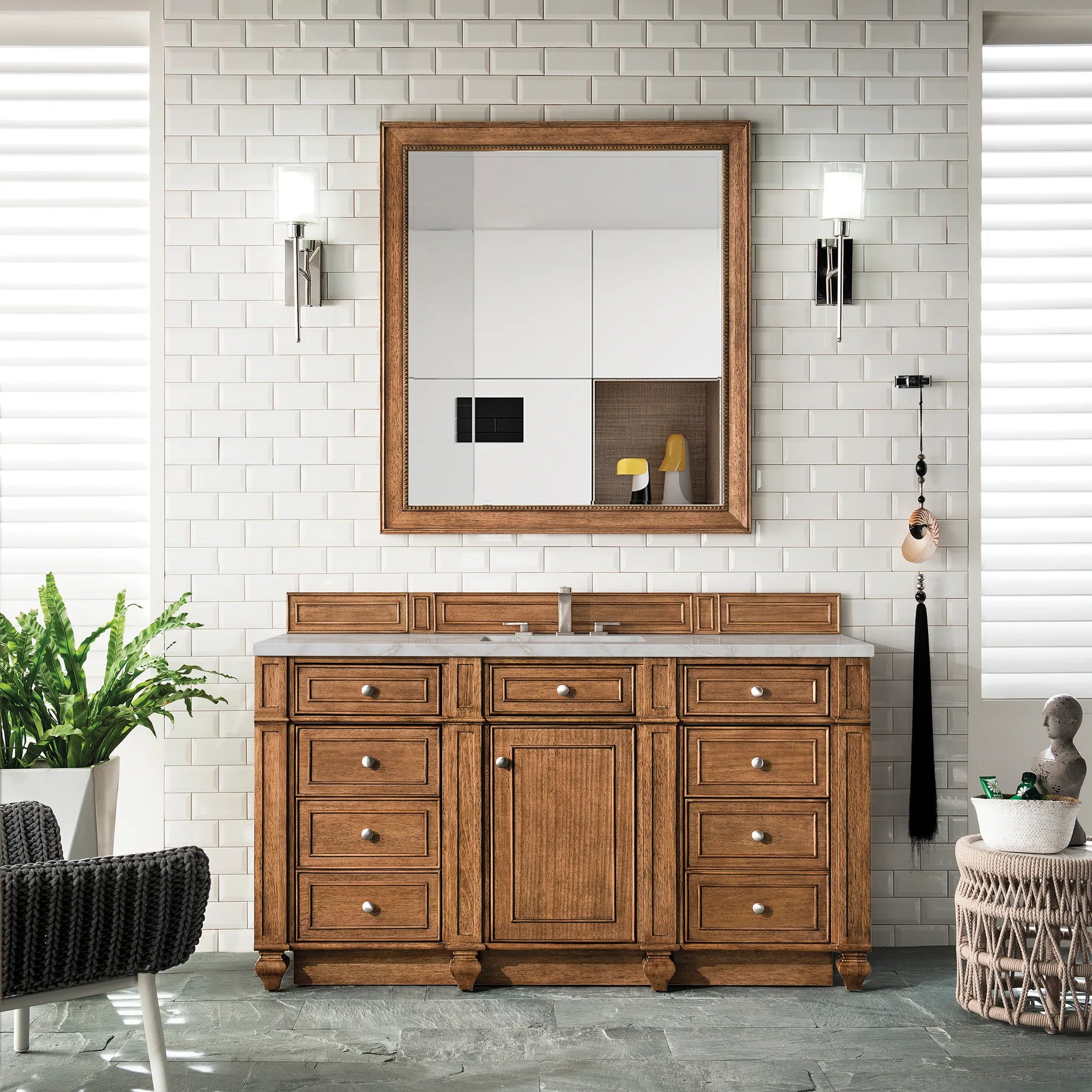 Bristol 60" Single Vanity in Saddle Brown w/FreePower Wireless Charger-Victorian Silver Silestone-8" Widespread image 4