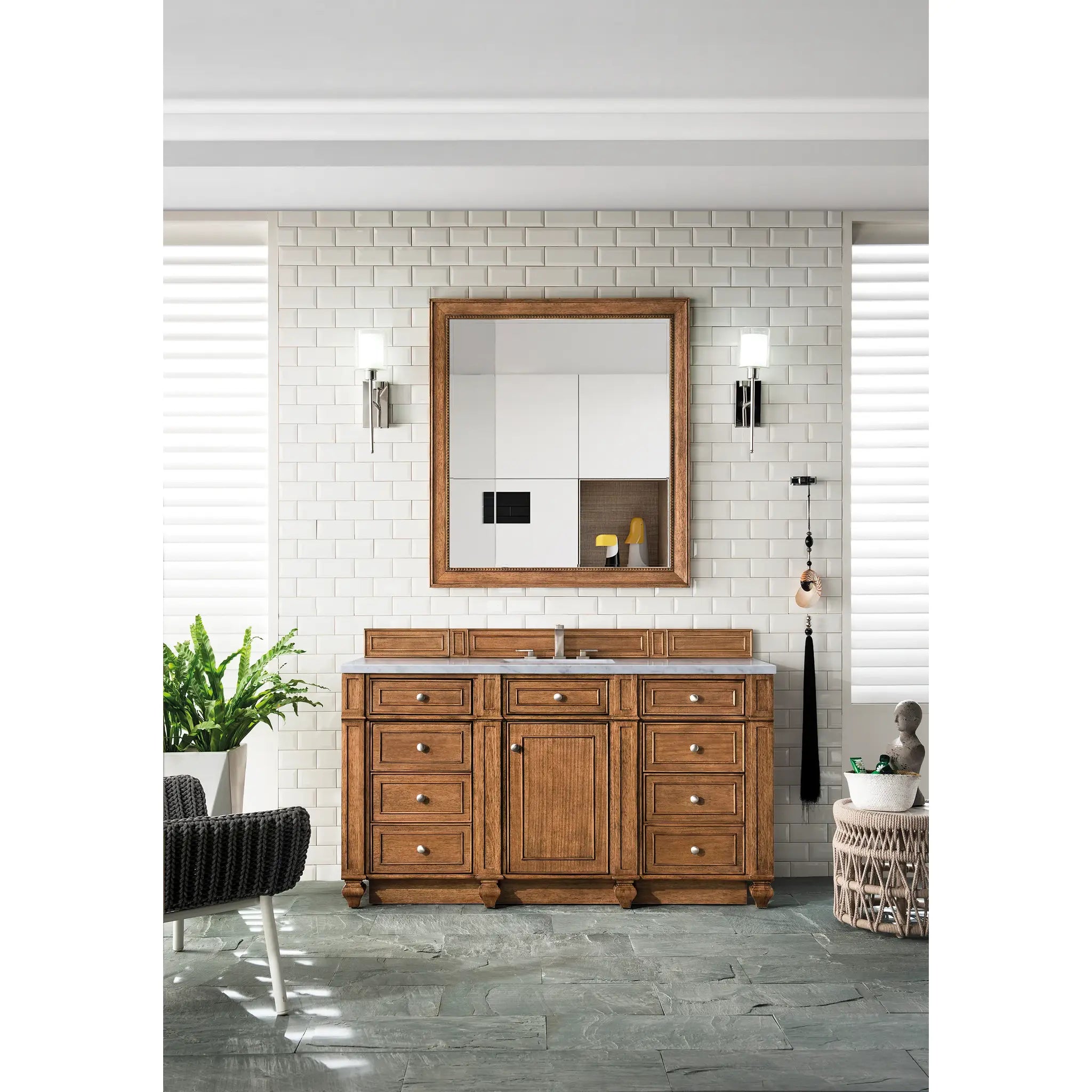 Bristol 60" Single Vanity in Saddle Brown Wireless Charger-Eternal Jasmine Pearl Silestone-8" Widespread image 4
