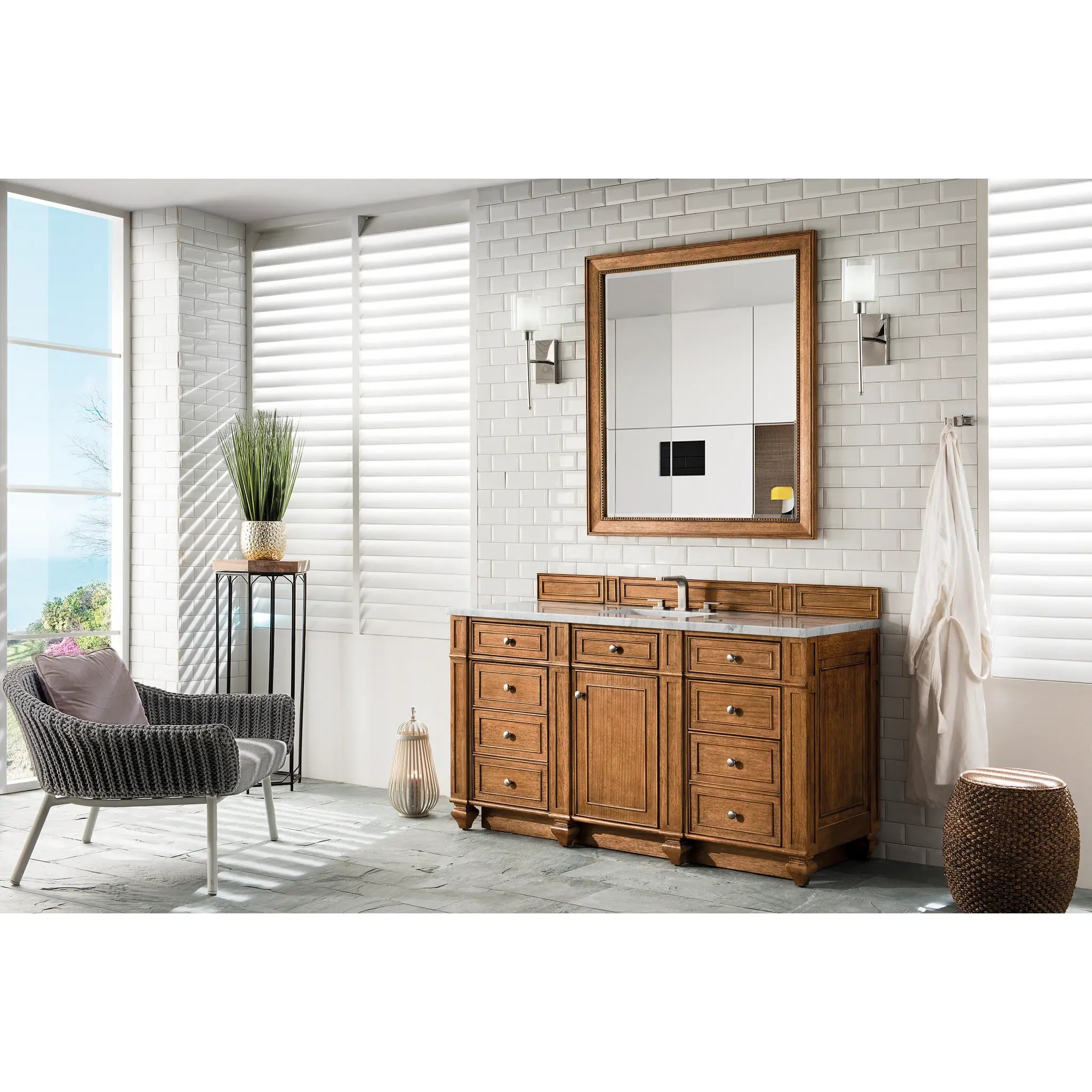 Bristol 60" Single Vanity in Saddle Brown Wireless Charger-Eternal Jasmine Pearl Silestone-8" Widespread image 5