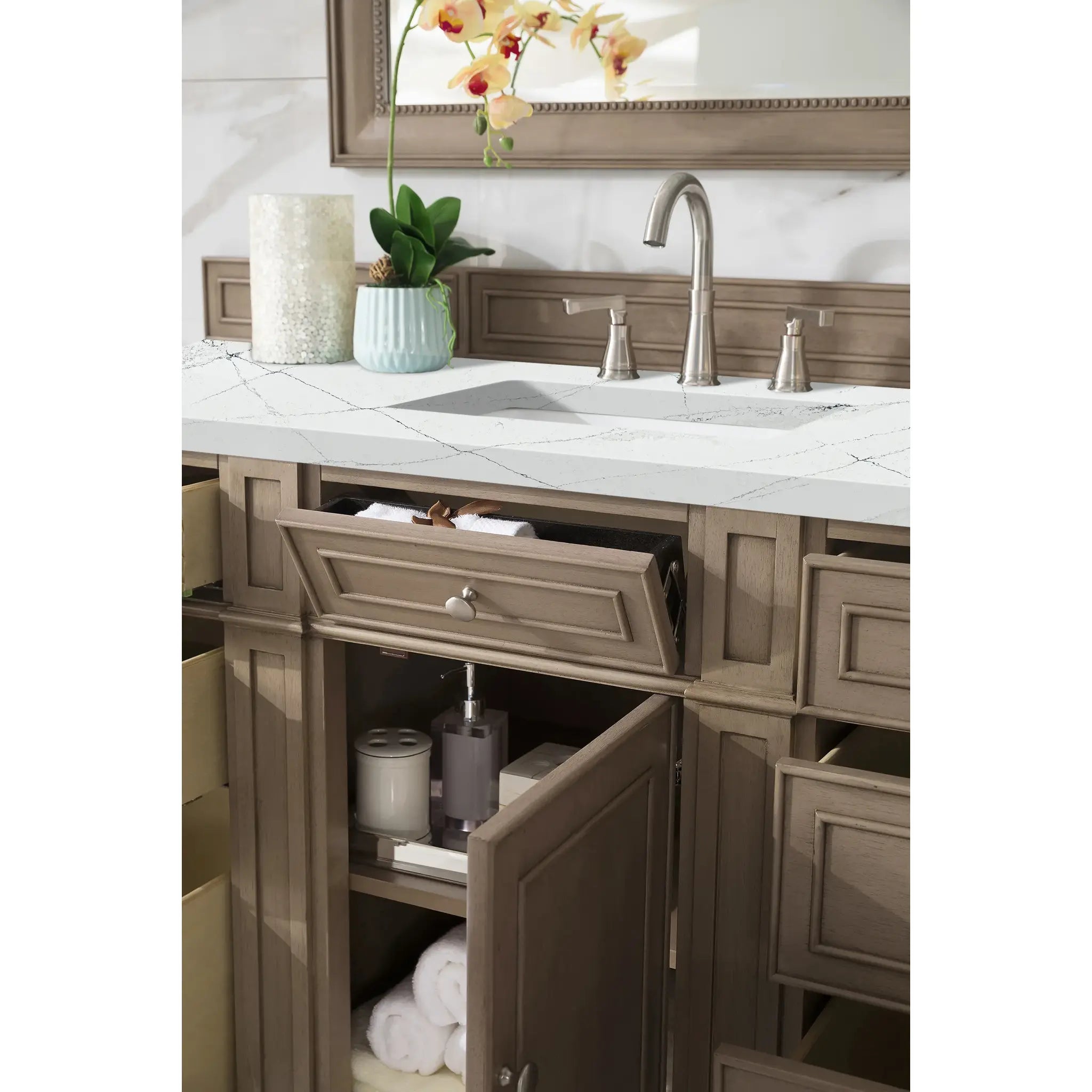 Bristol 60" Single Vanity Whitewashed Walnut w/FreePower Wireless Charger-Ethereal Noctis Silestone-8" Widespread image 6