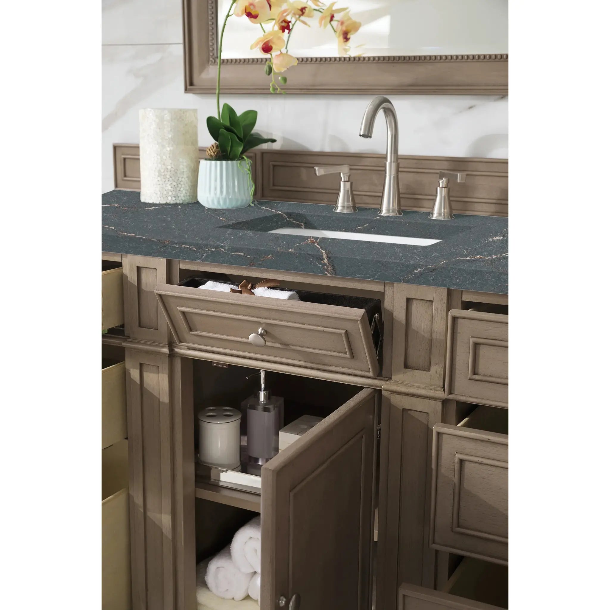 Bristol 60" Single Vanity Whitewashed Walnut w/FreePower Wireless Charger-Parisien Bleu Silestone-8" Widespread image 5
