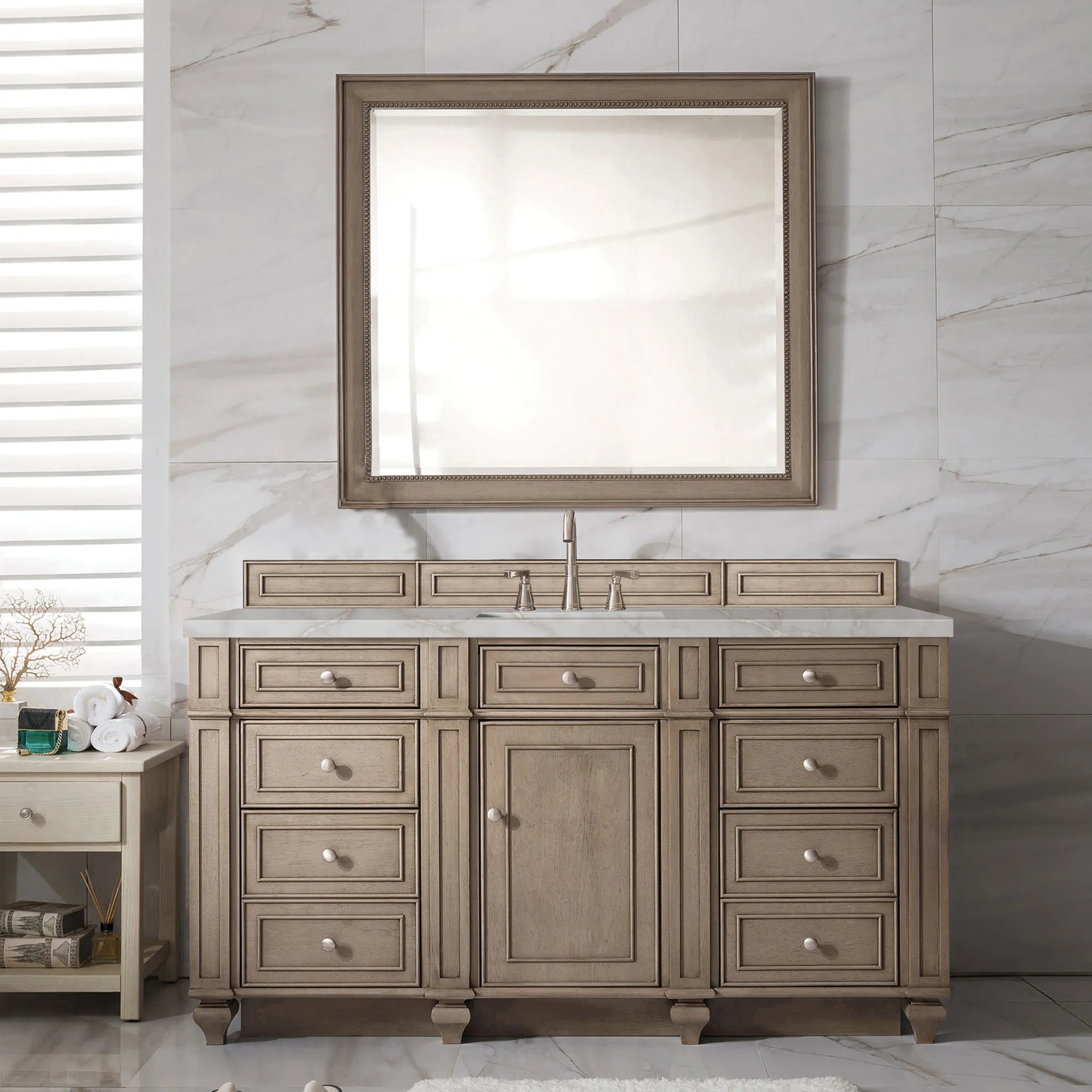 Bristol 60" Single Vanity Whitewashed Walnut w/FreePower Wireless Charger-Victorian Silver Silestone-8" Widespread image 4