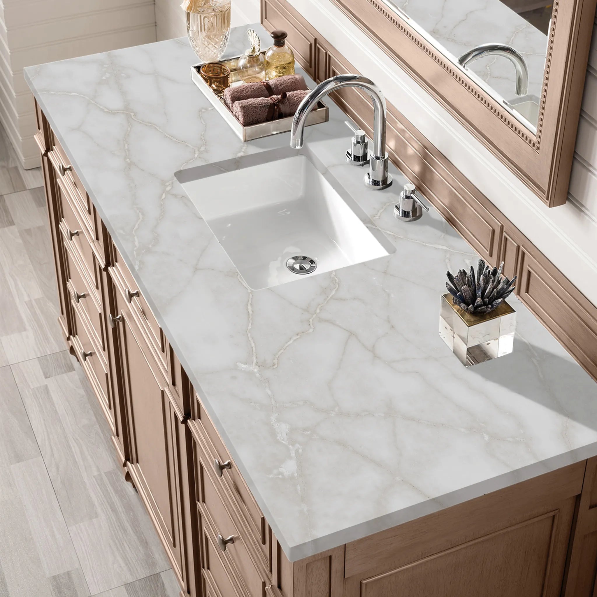 Bristol 60" Single Vanity Whitewashed Walnut w/FreePower Wireless Charger-Victorian Silver Silestone-8" Widespread image 6