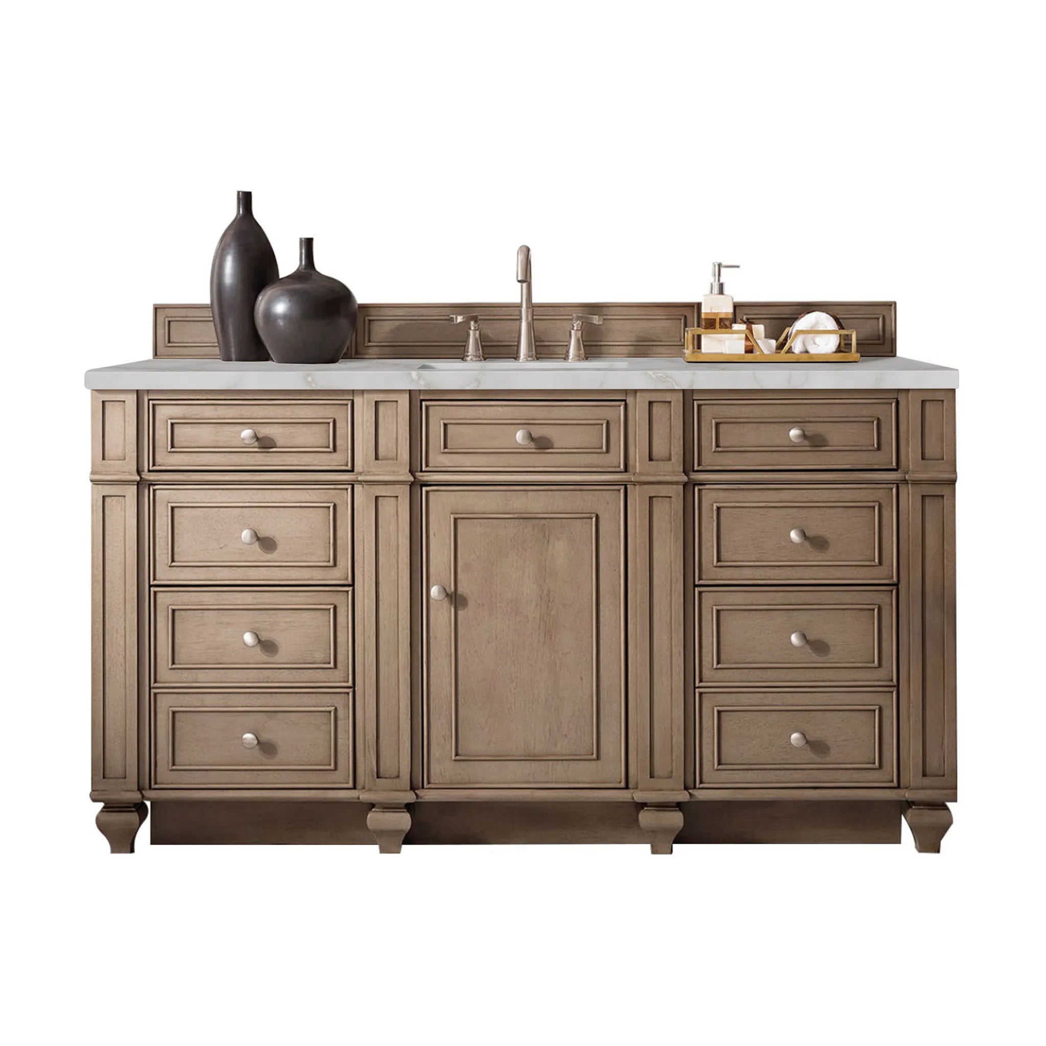 Bristol 60" Single Vanity Whitewashed Walnut w/FreePower Wireless Charger-Victorian Silver Silestone-8" Widespread image