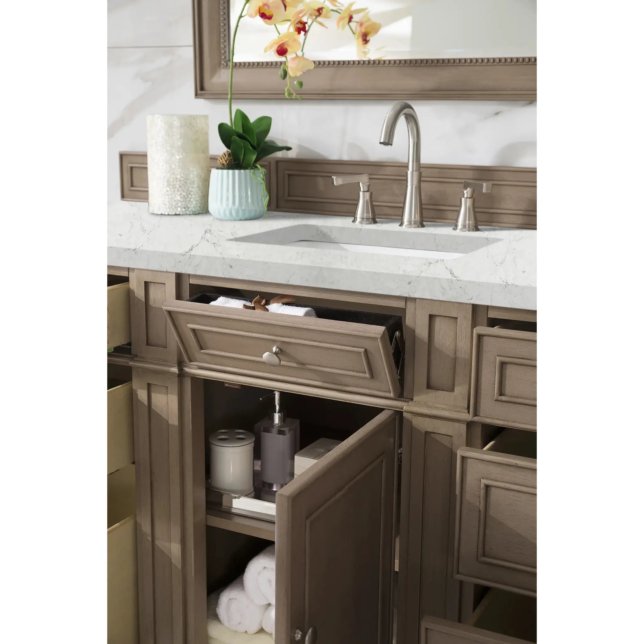 Bristol 60" Single Vanity Whitewashed Walnut Wireless Charger-Eternal Jasmine Pearl Silestone-8" Widespread image 6