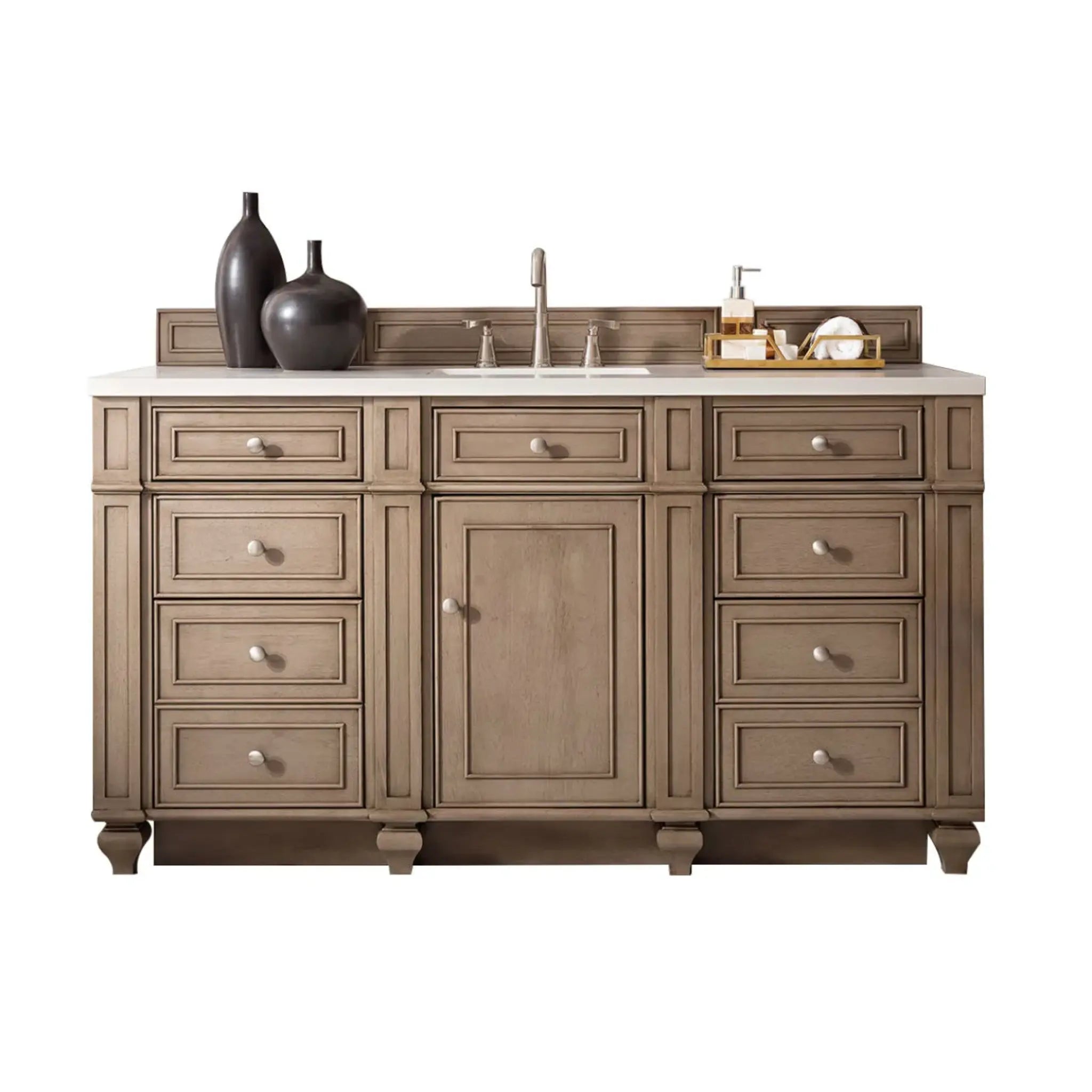 Bristol 60" Single Vanity Whitewashed Walnut Wireless Charger-Eternal Jasmine Pearl Silestone-8" Widespread image