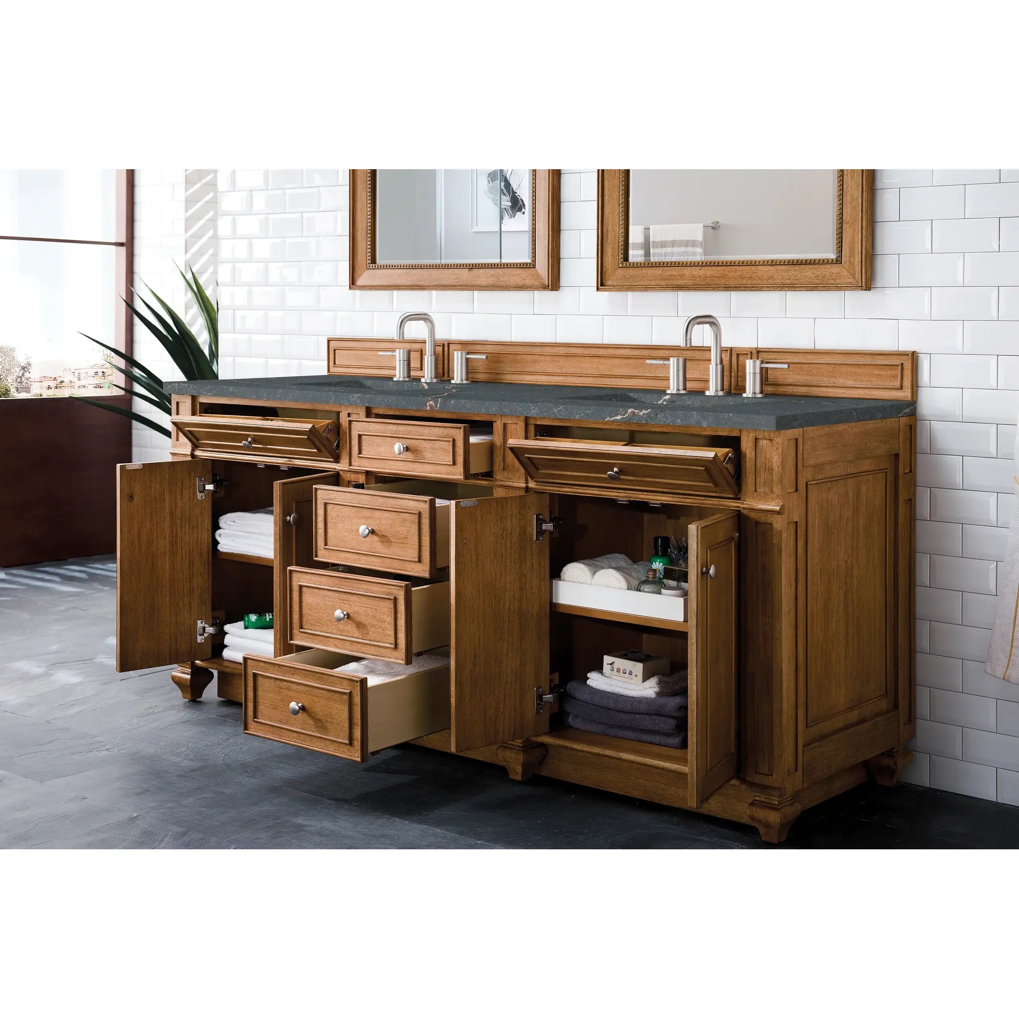 Bristol 72" Double Vanity in Saddle Brown w/FreePower Wireless Charger-Parisien Bleu Silestone-8" Widespread image 6