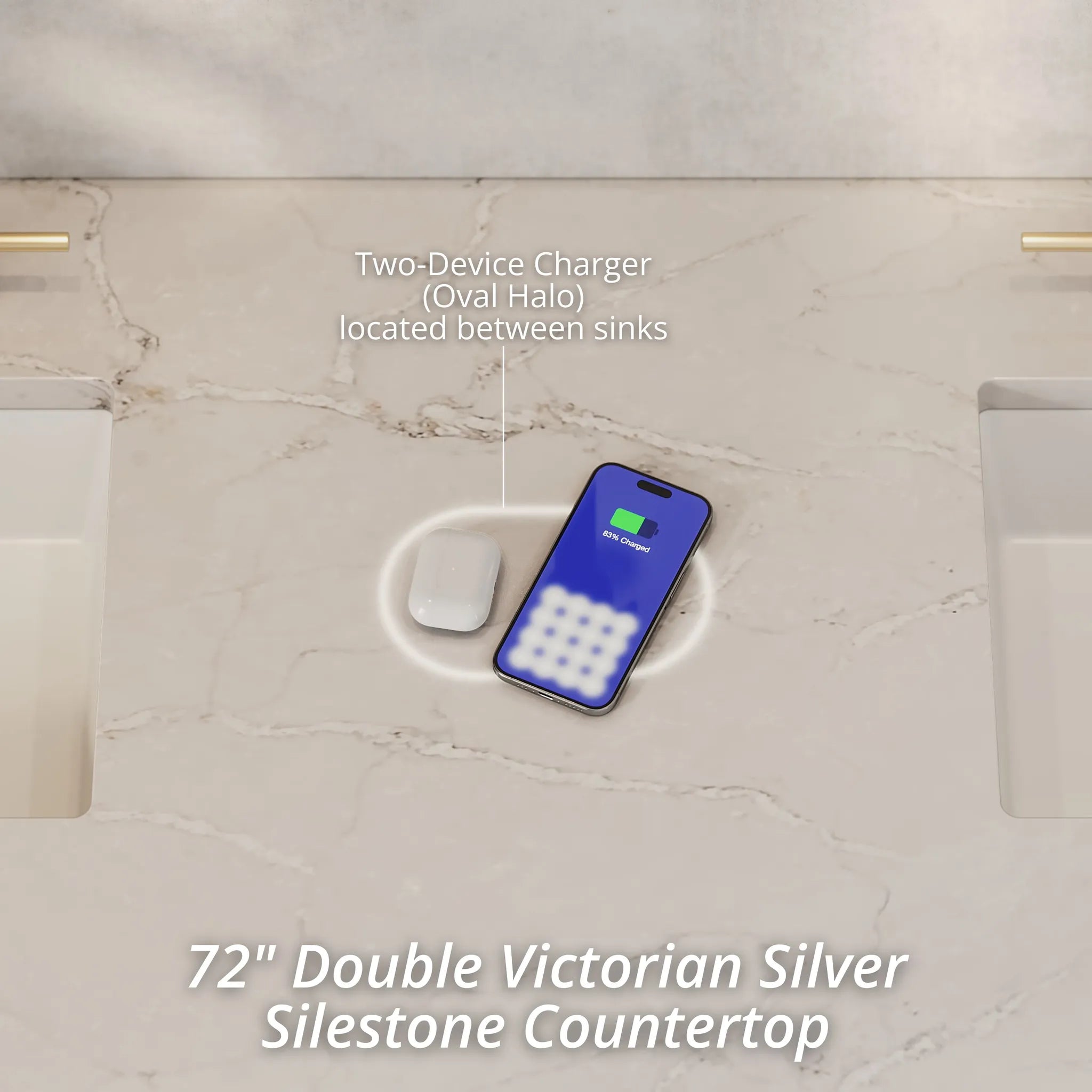 Bristol 72" Double Vanity in Saddle Brown w/FreePower Wireless Charger-Victorian Silver Silestone-8" Widespread image 2