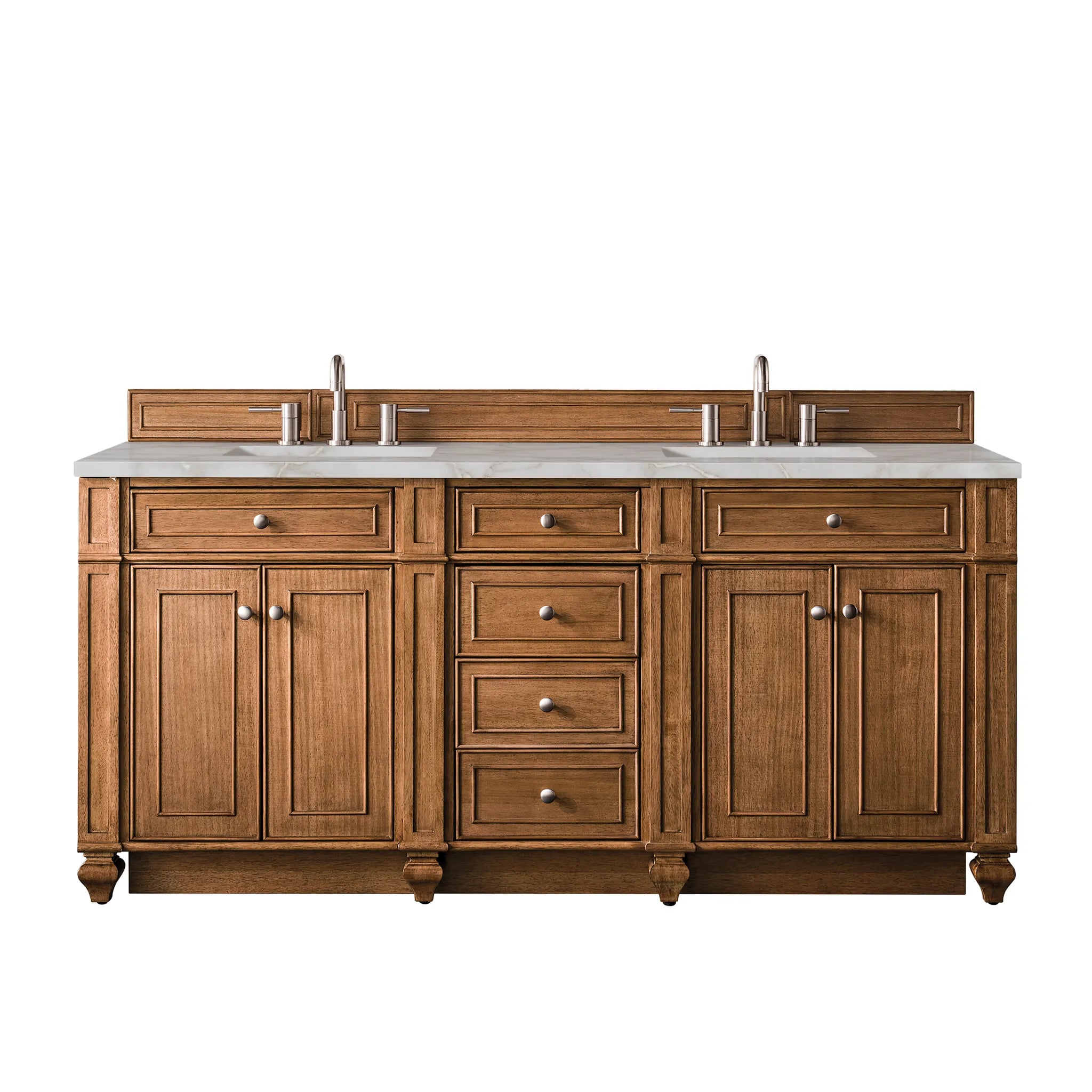 Bristol 72" Double Vanity in Saddle Brown w/FreePower Wireless Charger-Victorian Silver Silestone-8" Widespread image
