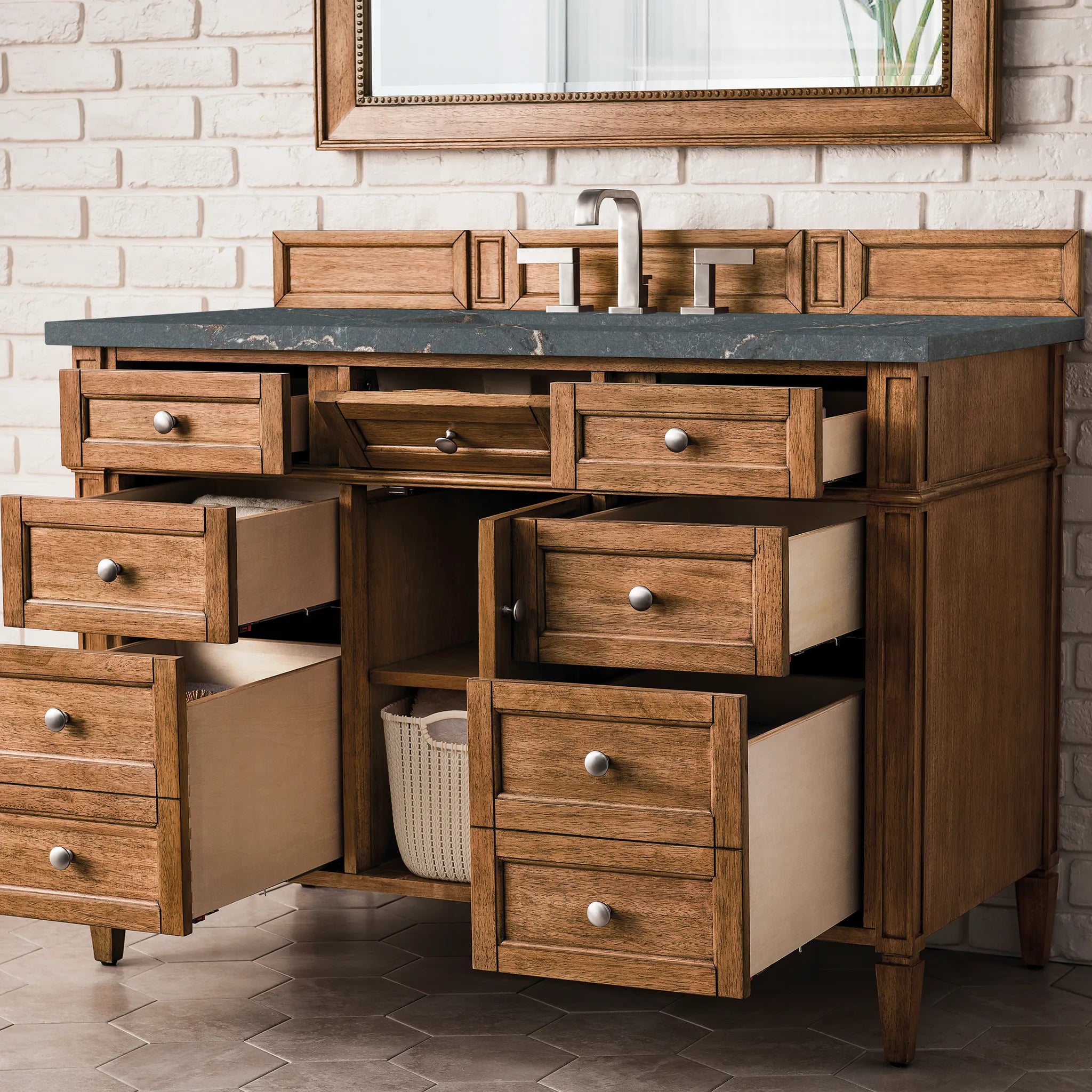 Brittany 48" Single Vanity in Saddle Brown w/FreePower Wireless Charger-Parisien Bleu Silestone-8" Widespread image 6