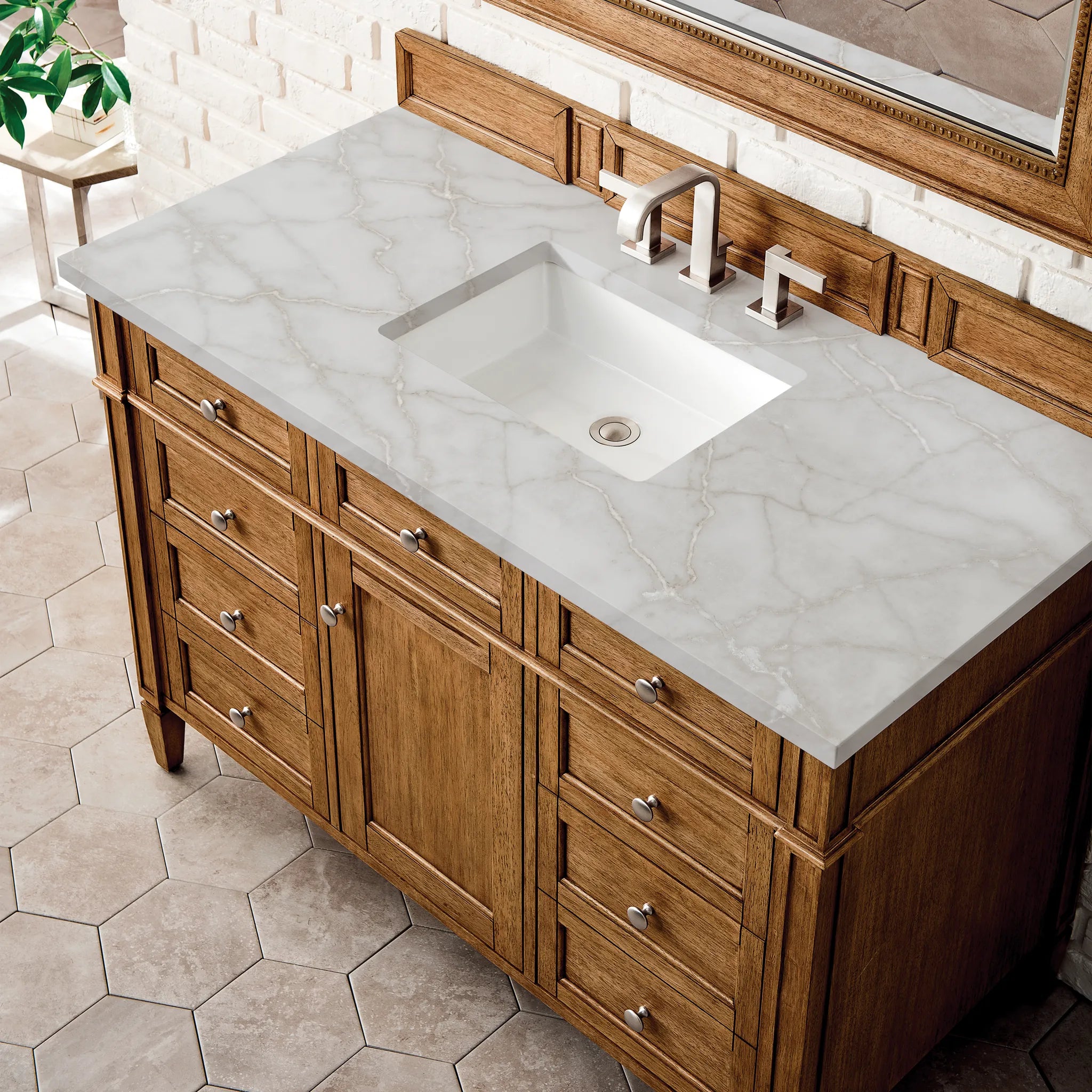 Brittany 48" Single Vanity in Saddle Brown w/FreePower Wireless Charger-Victorian Silver Silestone-8" Widespread image 7