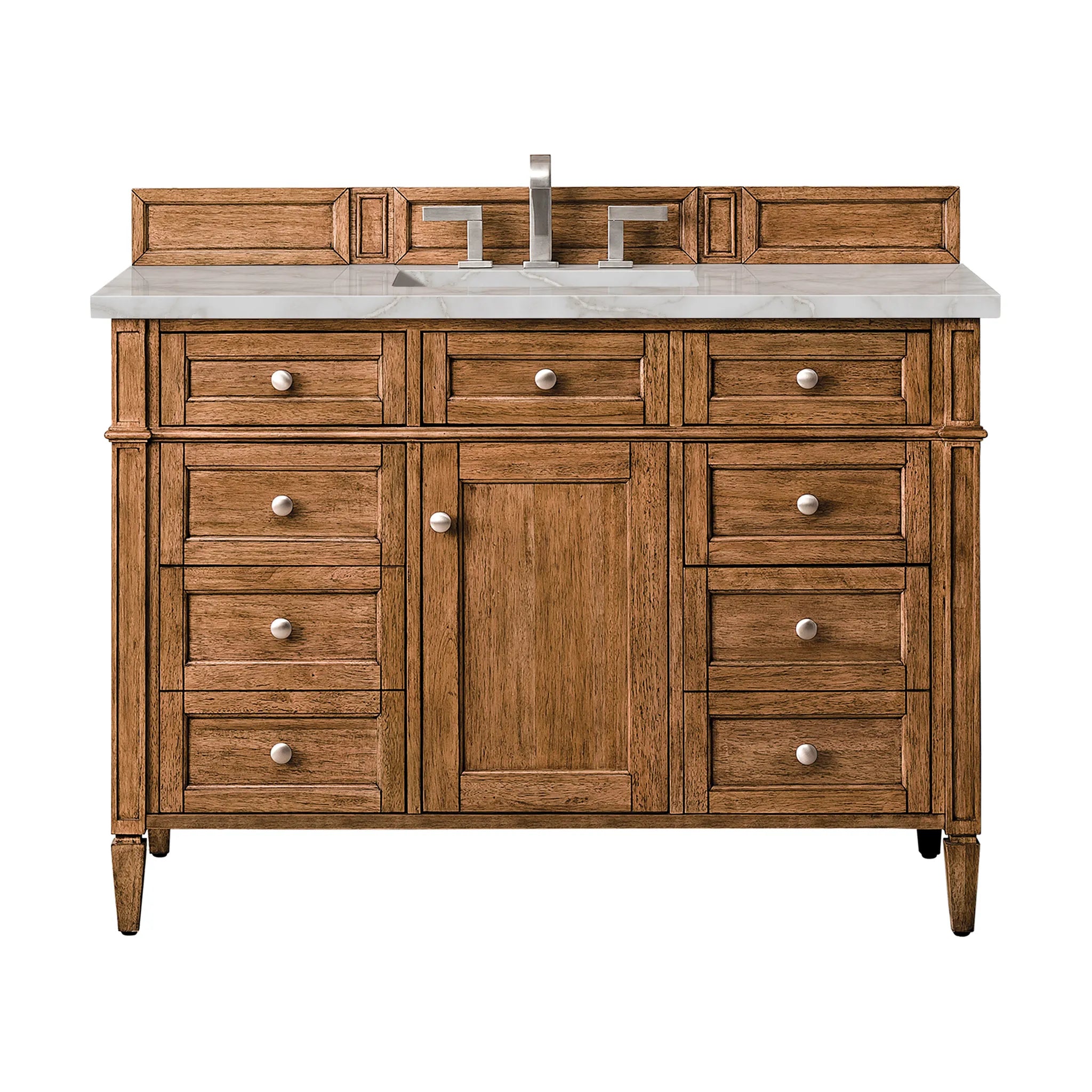 Brittany 48" Single Vanity in Saddle Brown w/FreePower Wireless Charger-Victorian Silver Silestone-8" Widespread image