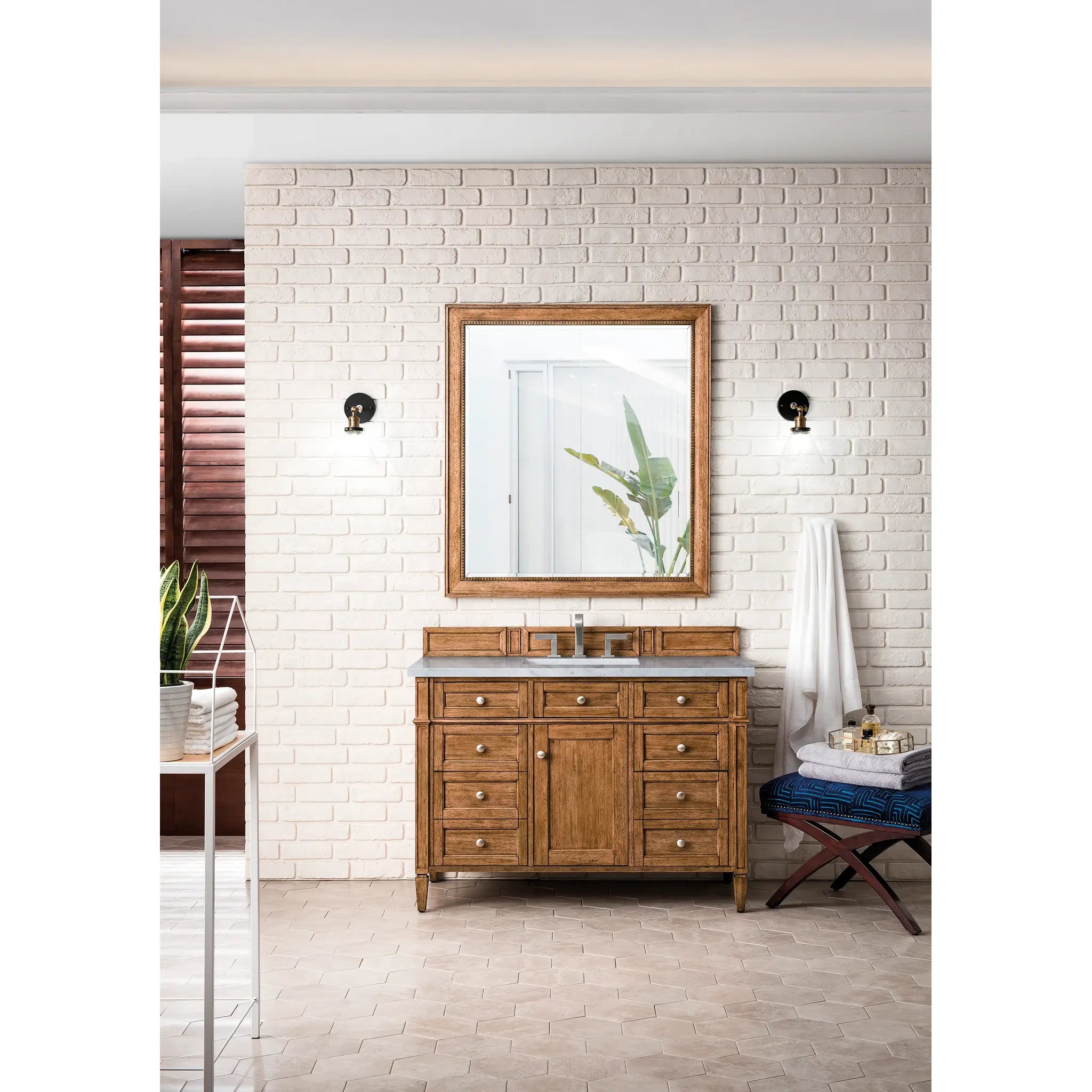 Brittany 48" Single Vanity in Saddle Brown Wireless Charger-Eternal Jasmine Pearl Silestone-8" Widespread image 4