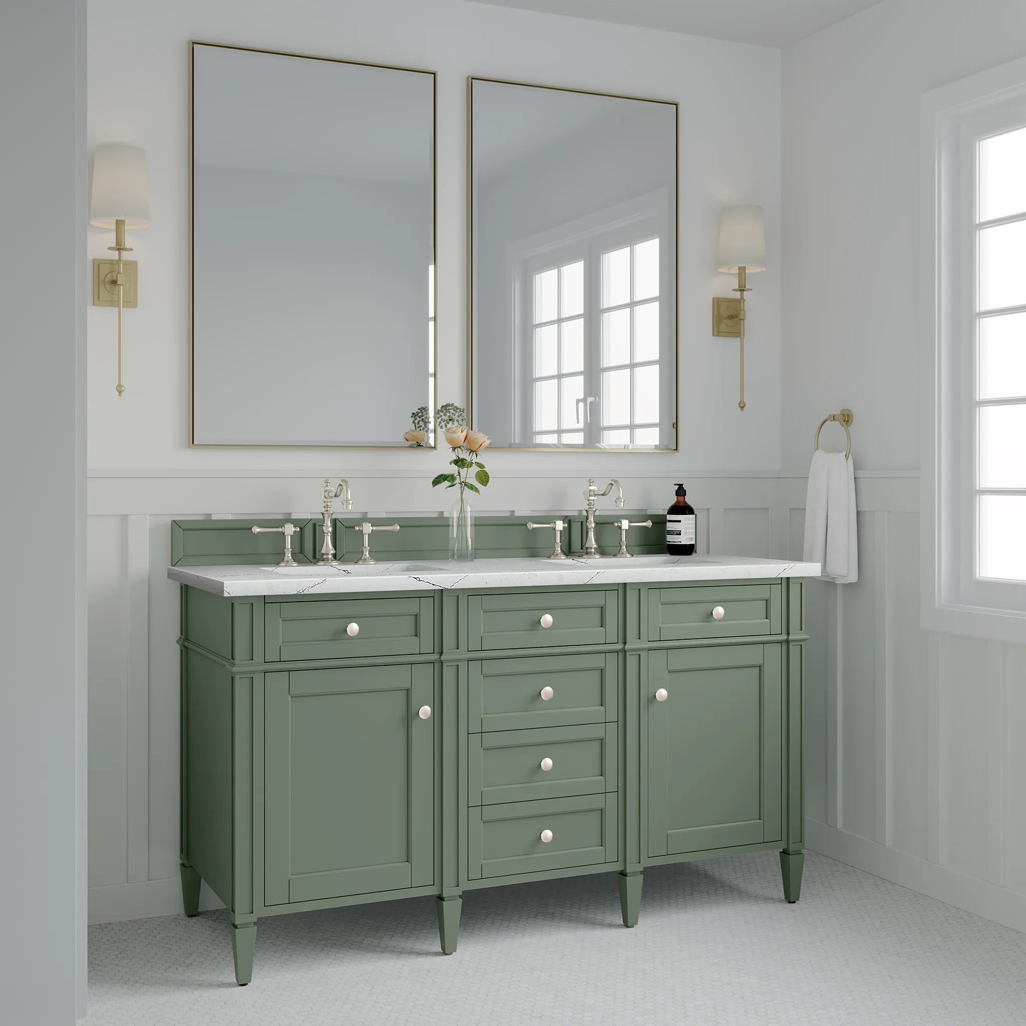 Brittany 60" Double Vanity in Smokey Celadon w/FreePower Wireless Charger-Ethereal Noctis Silestone-8" Widespread image 6