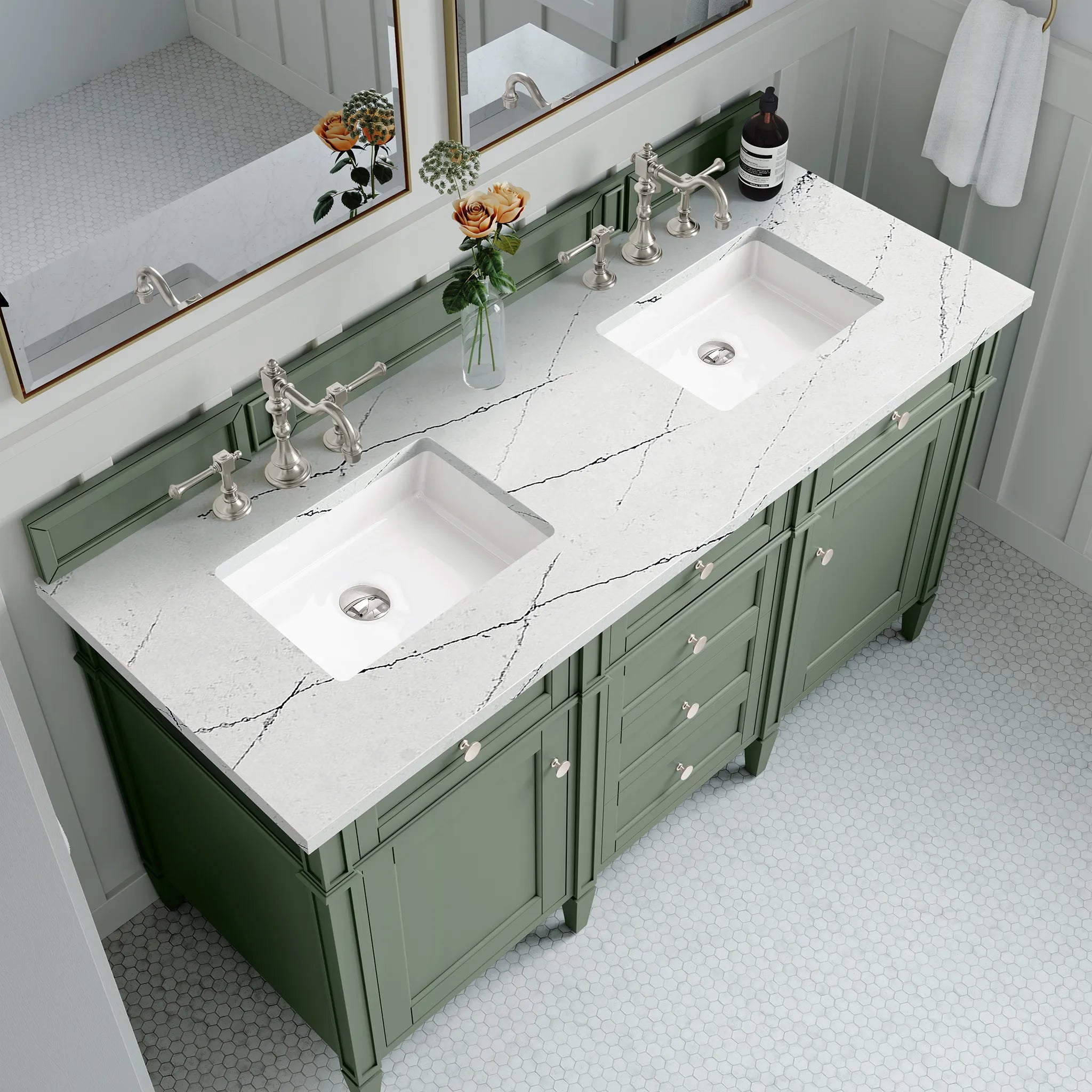Brittany 60" Double Vanity in Smokey Celadon w/FreePower Wireless Charger-Ethereal Noctis Silestone-8" Widespread image 8