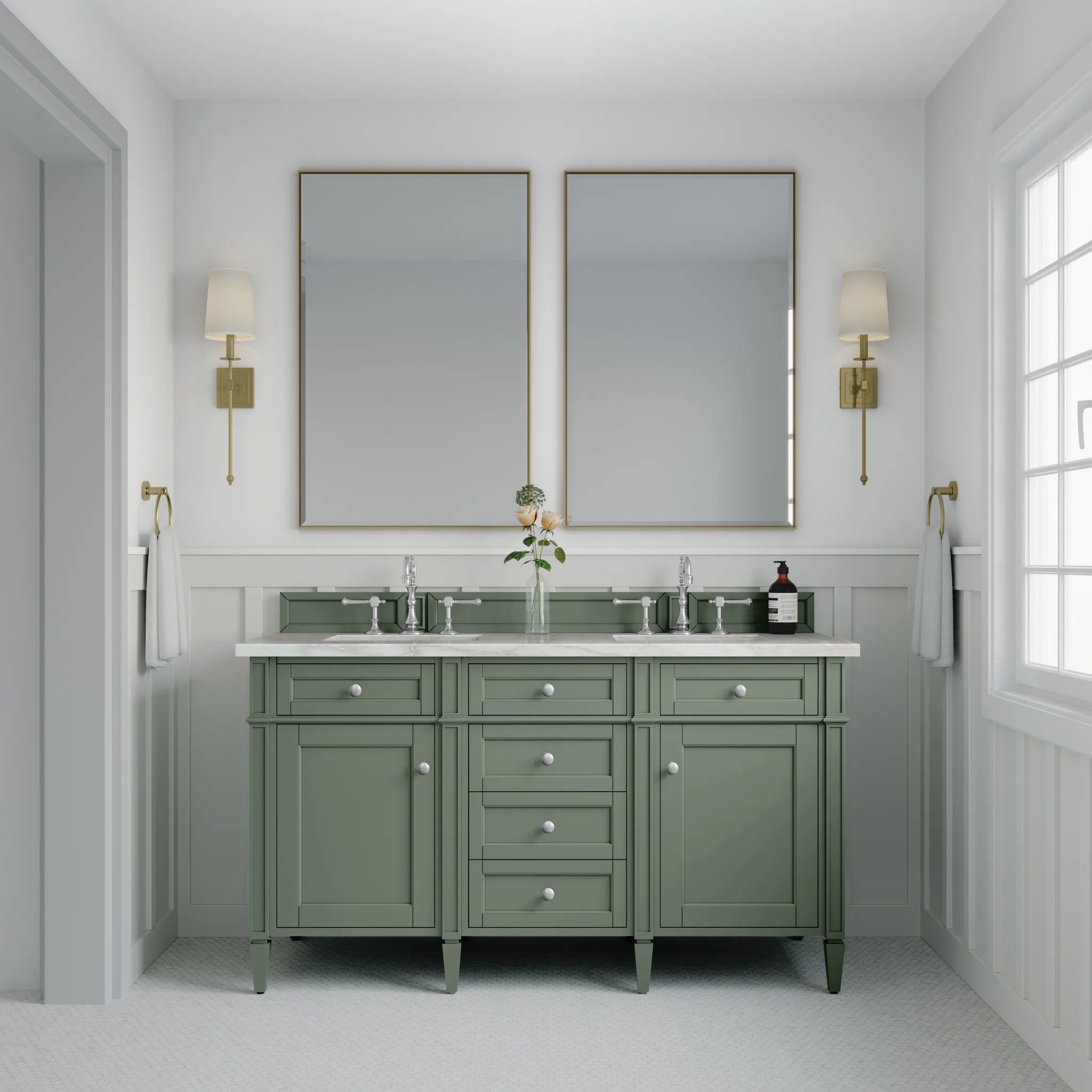 Brittany 60" Double Vanity in Smokey Celadon w/FreePower Wireless Charger-Victorian Silver Silestone-8" Widespread image 4