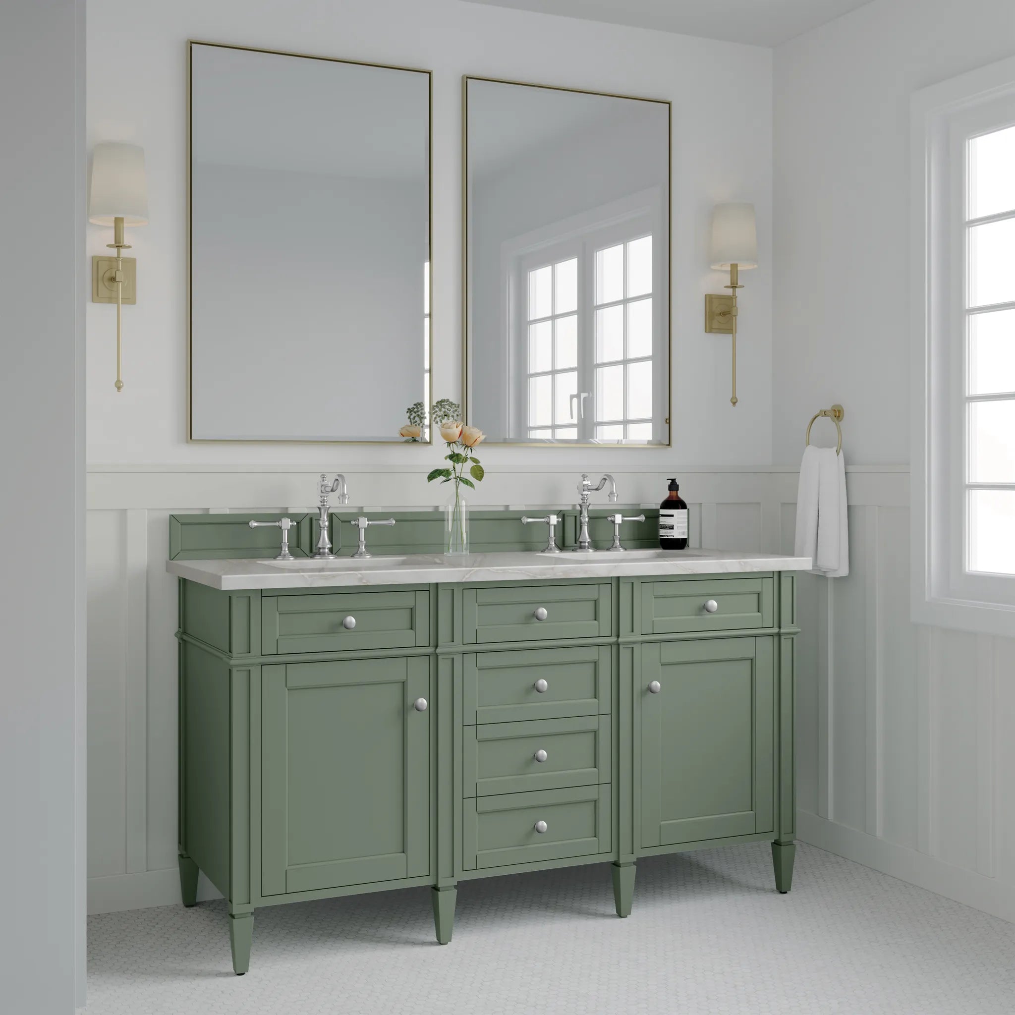 Brittany 60" Double Vanity in Smokey Celadon w/FreePower Wireless Charger-Victorian Silver Silestone-8" Widespread image 5