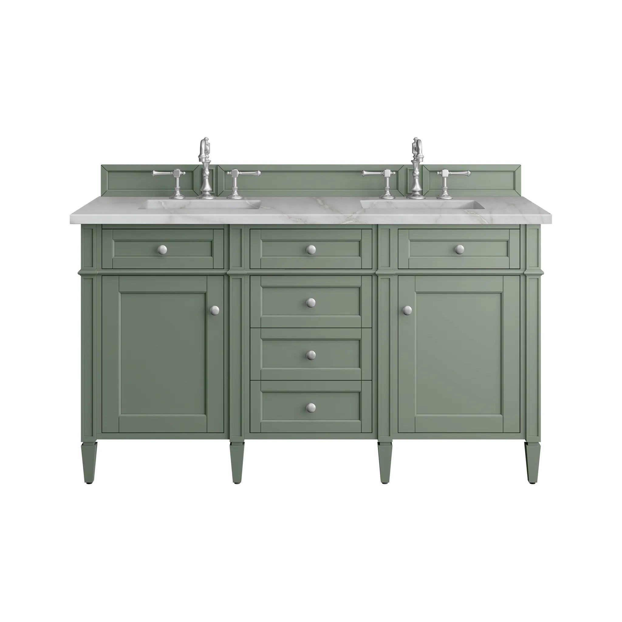 Brittany 60" Double Vanity in Smokey Celadon w/FreePower Wireless Charger-Victorian Silver Silestone-8" Widespread image