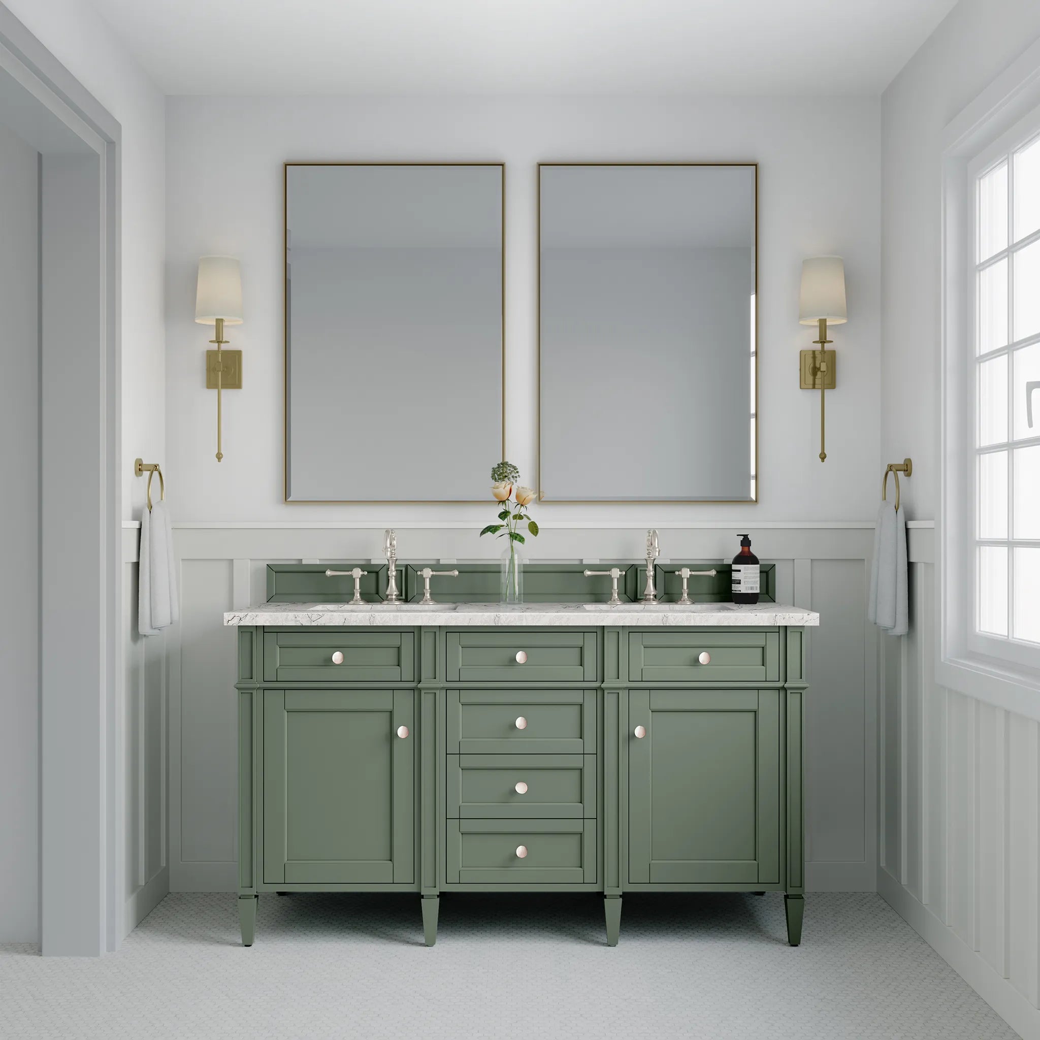 Brittany 60" Double Vanity in Smokey Celadon Wireless Charger-Eternal Jasmine Pearl Silestone-8" Widespread image 5