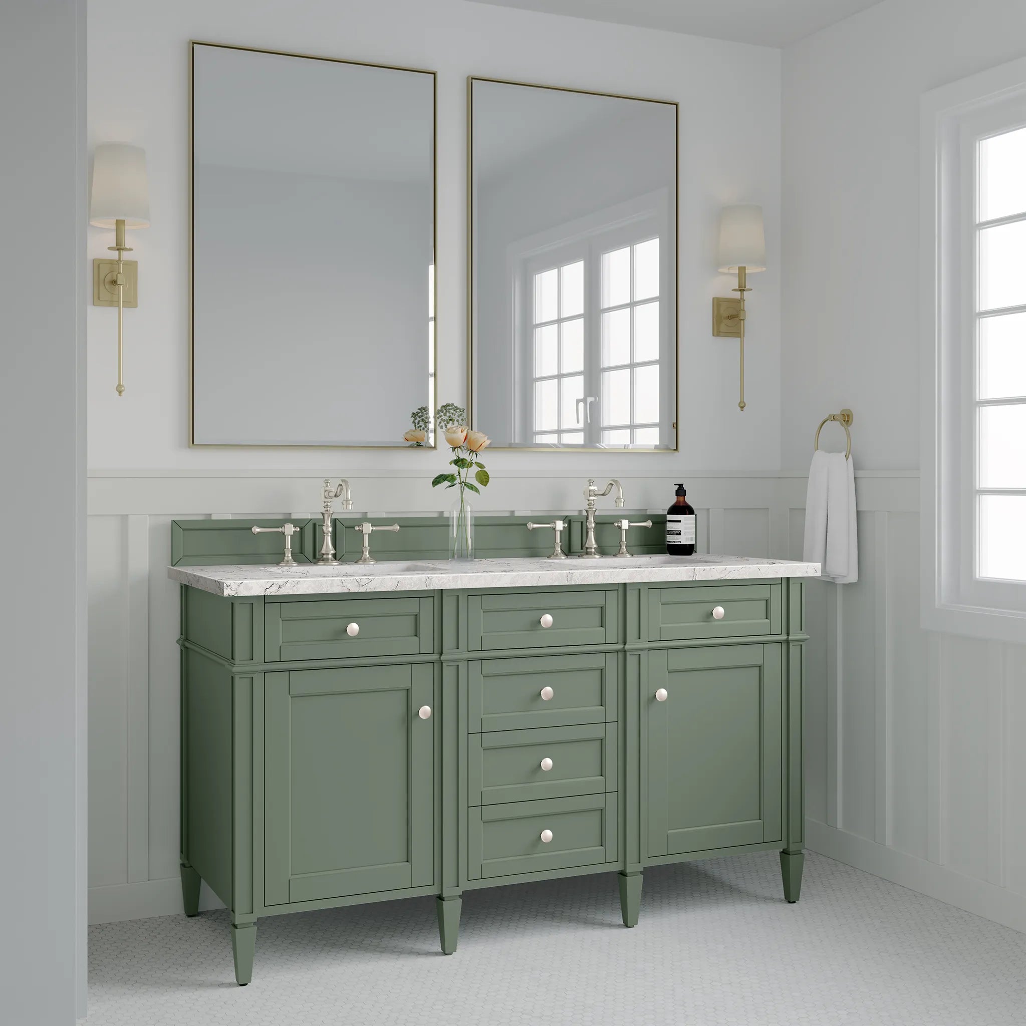 Brittany 60" Double Vanity in Smokey Celadon Wireless Charger-Eternal Jasmine Pearl Silestone-8" Widespread image 6